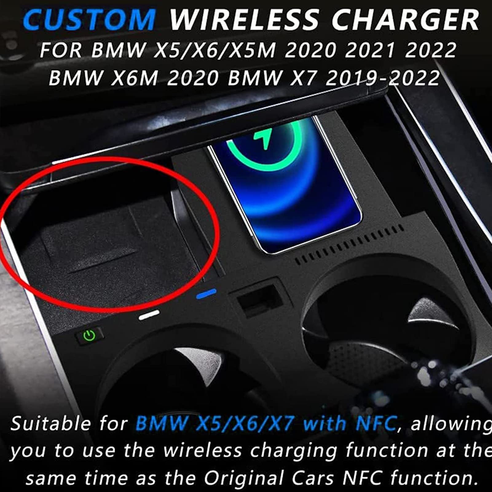 Fast Wireless Car Charger for BMW X5 X6 X5M X6M X7 (2020-2022 Models) - QC 3.0 USB Fast Charging & Qi-Certified Phone Charging Pad - Compatible with iPhone 13/12/11, Samsung Galaxy - Perfect for Road Trips & Daily Commute