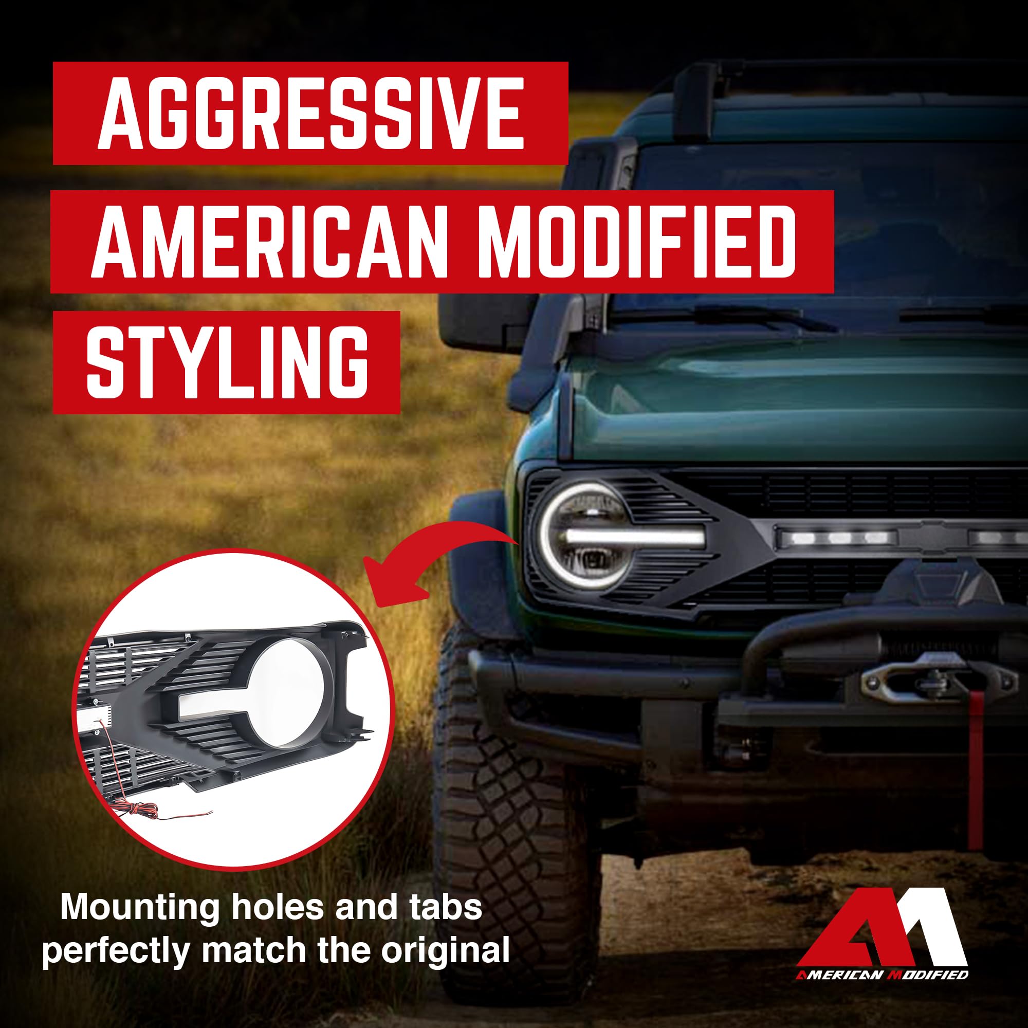 2021-2024 Ford Bronco 2 & 4 Door Matte Black Front Grille Replacement with Off-Road Lights & Camera Compatibility - Upgrade Your Bronco's Off-Road Style for Trail Adventures & Urban Driving