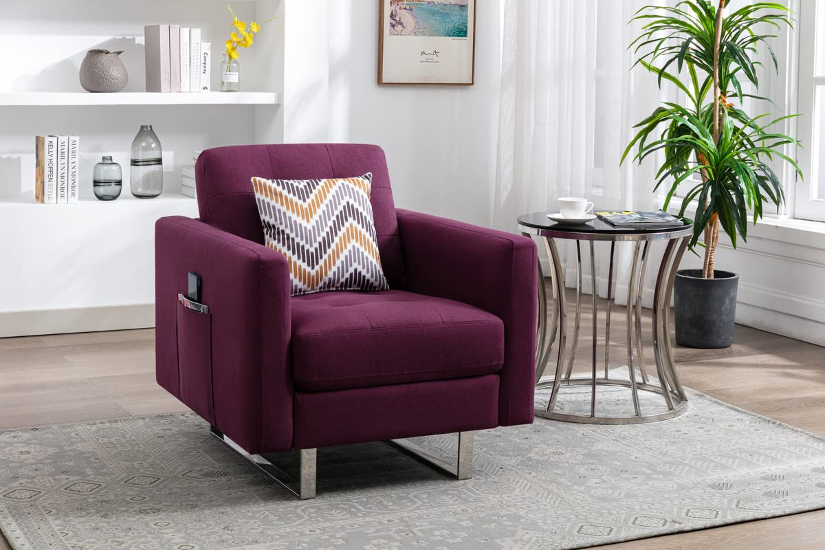 Lilola Home Victoria Purple Linen Fabric Armchair with Metal Legs, Side Pockets & Pillow - Modern Living Room Accent Chair for Home Office, Lounge & Bedroom Decor