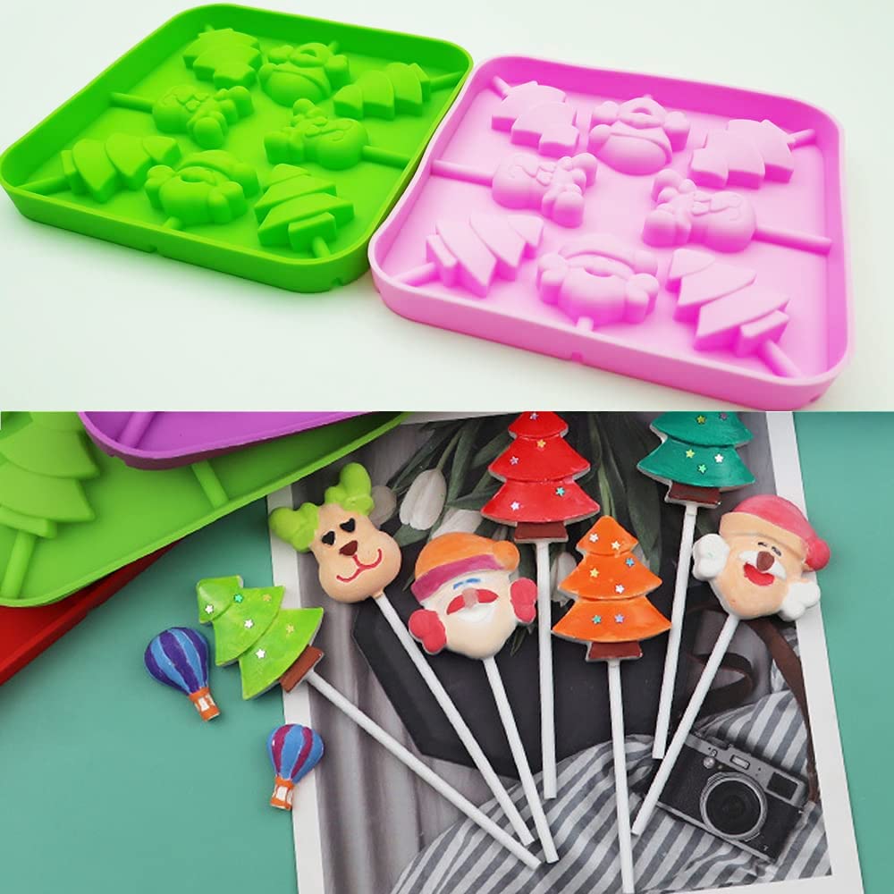 2PCS Christmas Lollipop Candy Molds - 8 Cavities Silicone Lollipop Molds for Chocolate & Hard Candy (Santa Claus, Christmas Tree, Reindeer) with Lollipop Sticks - Perfect for Holiday Baking, DIY Candy Making & Christmas Party Favors