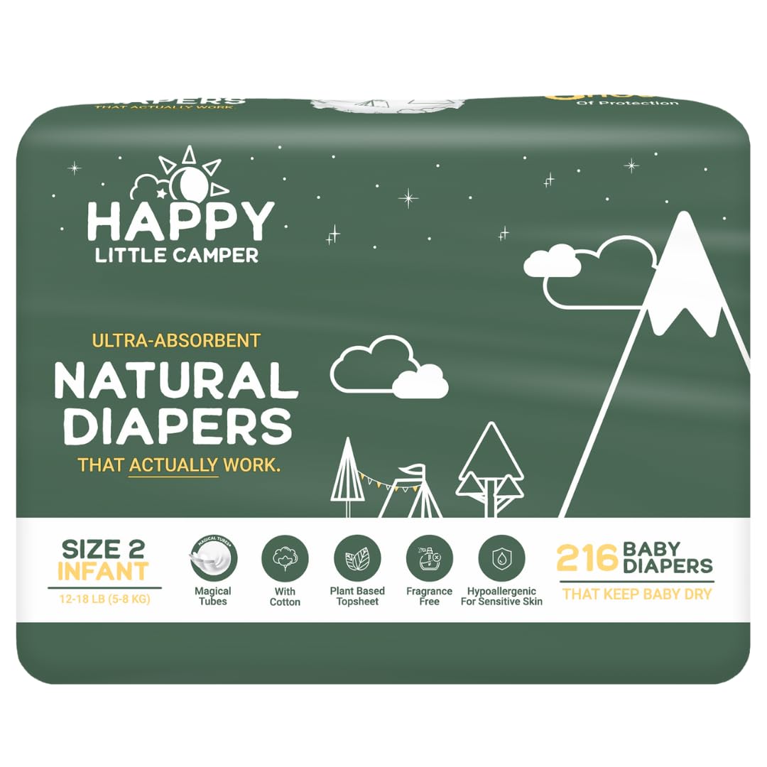Happy Little Camper Size 2 Baby Diapers - Ultra Absorbent, Hypoallergenic & Chlorine-Free Disposable Diapers for Sensitive Skin - Unscented Natural Infant Diapers (216 Count) - Perfect for Daycare, Travel & Overnight Protection