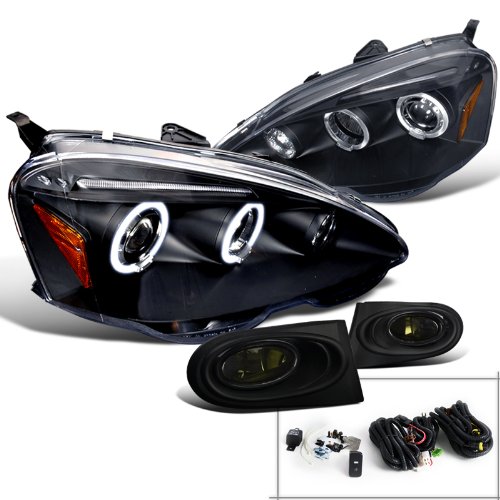 Spec-D Tuning Black Halo LED Projector Headlights + Smoke Fog Lights for 2002-2004 Acura RSX - Left & Right Pair Headlamp Assembly - Upgrade Your Car's Style & Night Visibility for Street Racing or Daily Driving