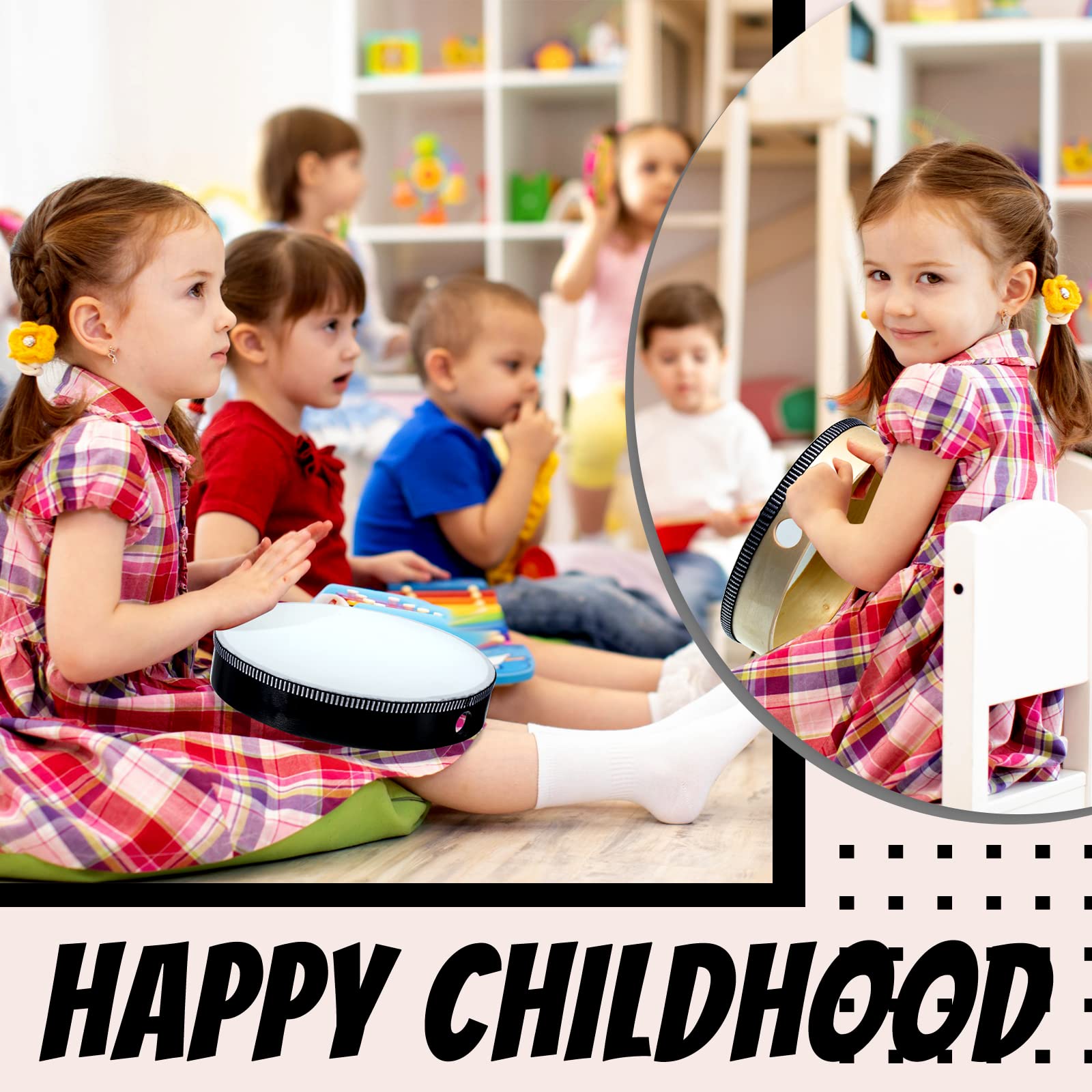 16 Pcs Kids Hand Drums Set - Wooden Frame Drum with Drumsticks (12