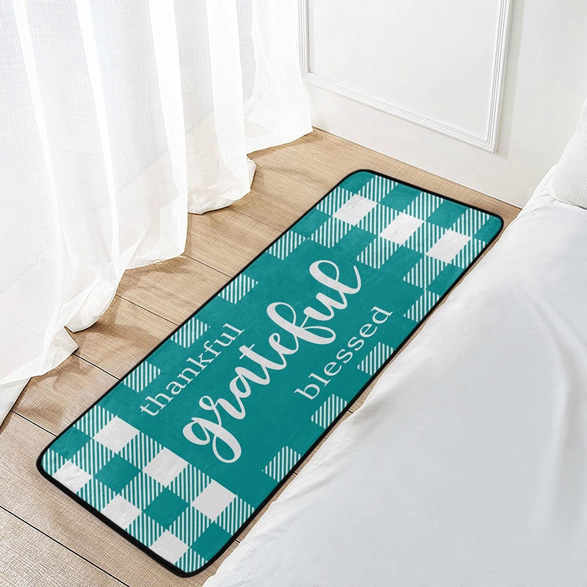Buffalo Check Sunflower Kitchen Rug - Washable Non-Slip Floor Mat for Kitchen, Turquoise Plaid Anti-Fatigue Comfort Mat - Perfect for Farmhouse Decor & High-Traffic Areas