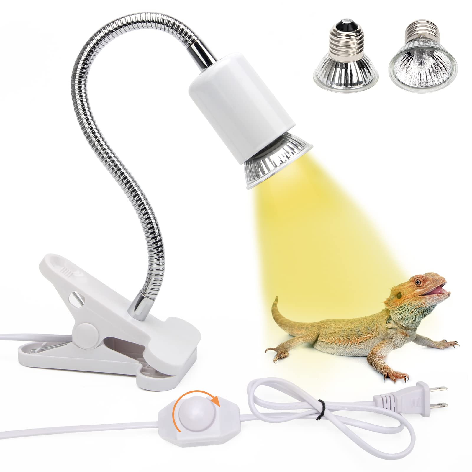 50W UVA UVB Reptile Heat Lamp with 2 Bulbs - Adjustable 360° Rotatable Clip & Switch - Ideal for Turtles, Lizards, Snakes & Amphibians - Perfect for Aquariums, Terrariums & Reptile Habitats