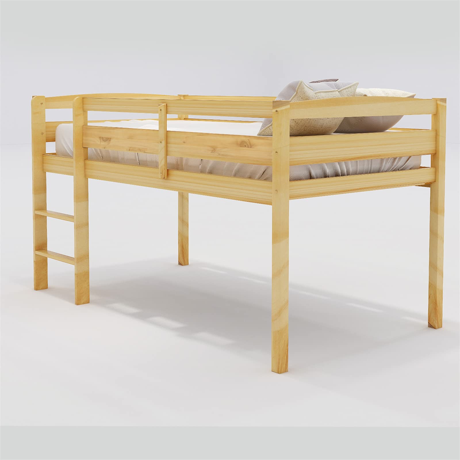 Bellemve Low Loft Twin Size Wooden Bed Frame with Ladder for Kids, Teens, Boys & Girls - Sturdy Walnut Finish - Perfect for Small Bedrooms, Dorm Rooms & Kids' Sleepovers