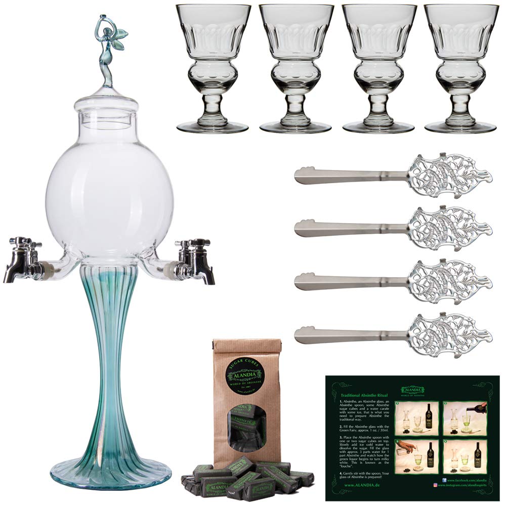 Premium Absinthe Accessory Set - Complete Green Fairy Kit with Glass Fountain, 4 Louche Glasses, 4 Perforated Spoons & Sugar Cubes | Perfect for Traditional Absinthe Rituals & Bohemian Home Bars