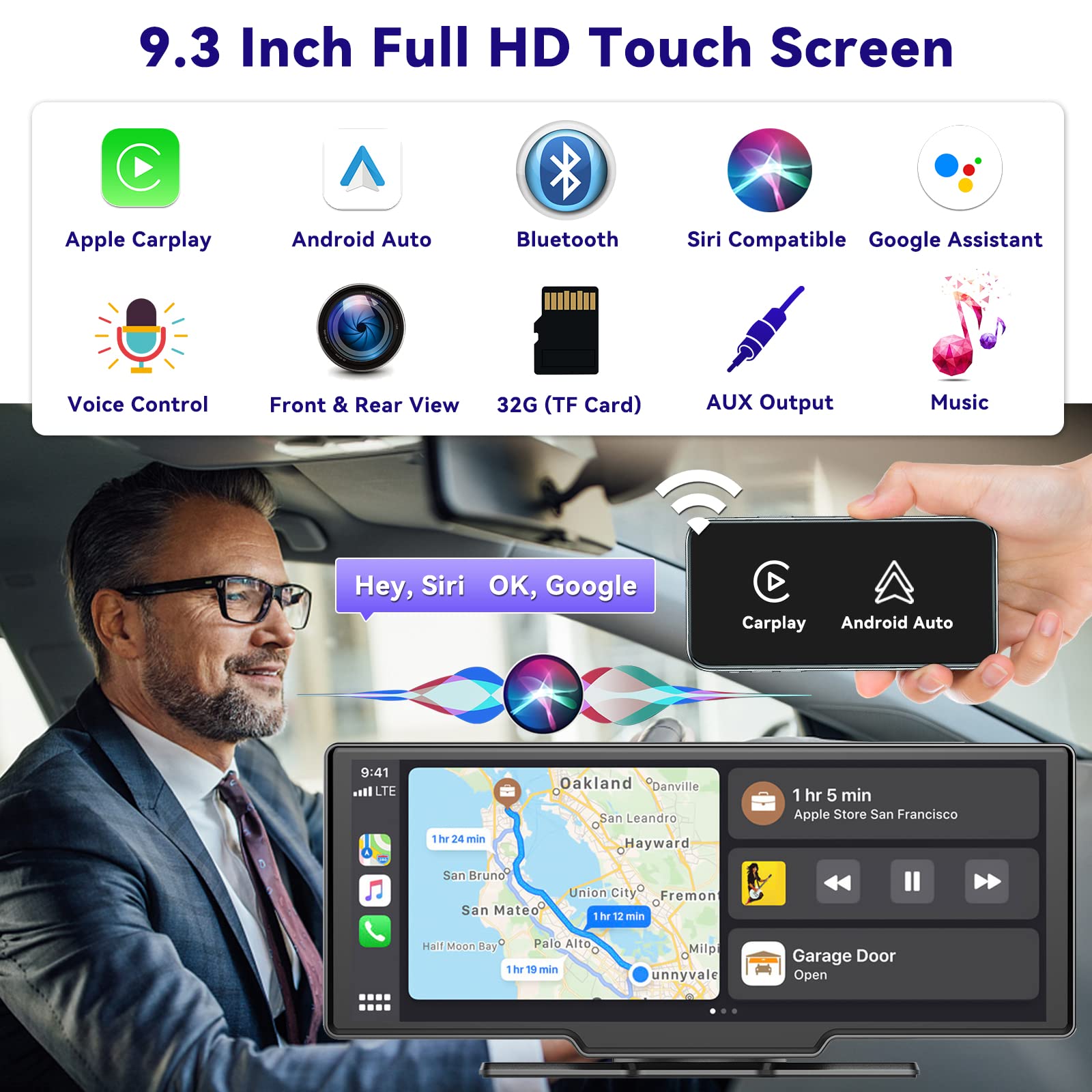 9.3 Inch Touch Screen Car Stereo with Wireless CarPlay & Android Auto | Bluetooth, AUX/FM, Voice Control | Front Dash & Rear View Camera | 7-32V Dashboard Mount | Perfect for Road Trips, Commuting & Hands-Free Driving
