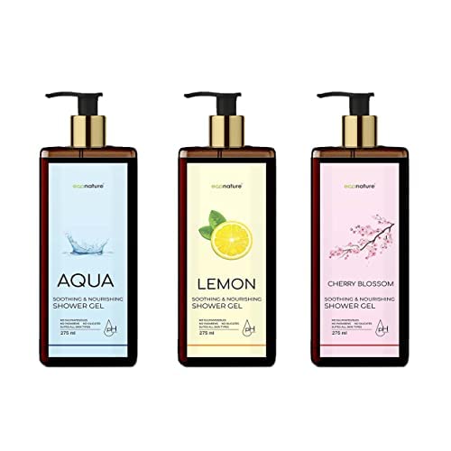 ECONATURE Moisturizing Body Wash & Shower Gel - Cherry Blossom, Aqua & Lemon Scent | Hydrating Liquid Soap for Dry Skin | 275ml (3-Pack) | Perfect for Daily Shower, Spa Day & Gift Sets