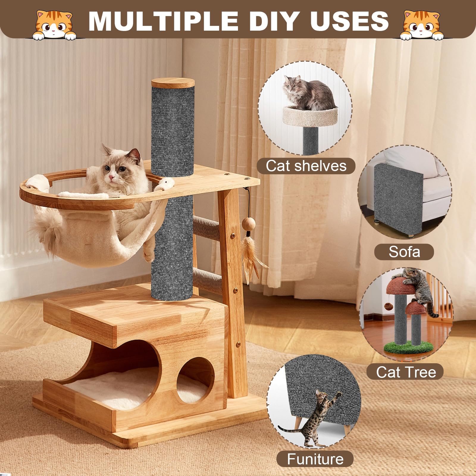 78.7x15.8 Inch Trimmable Cat Scratching Mat with Self-Adhesive - Durable Carpet Replacement for Cat Trees & Wall Shelves | DIY Furniture Protector for Sofas & Couches (Dark Grey) | Perfect for Indoor Cat Play & Home Decor