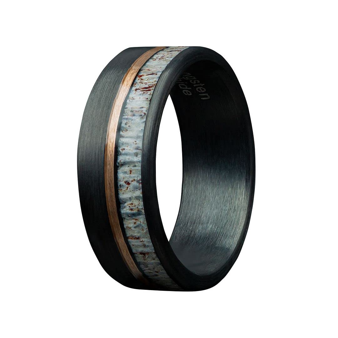 Deer Antler Men's Wedding Ring in Rose Gold Strip with Brushed Black Tungsten Band | 8mm Comfort Fit Men's Wedding Band | Perfect for Outdoor Enthusiasts and Nature Lovers