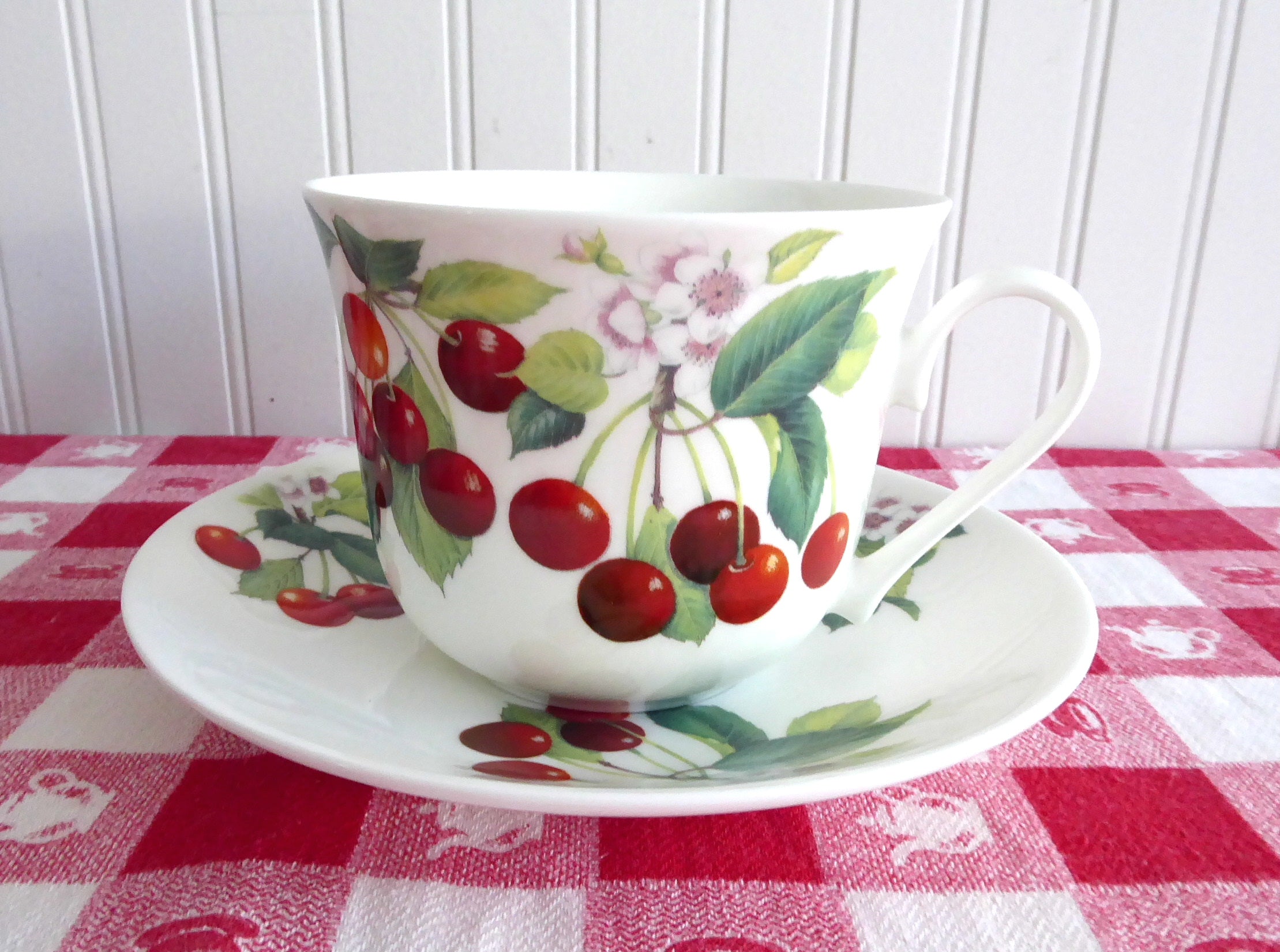 Roy Kirkham Bone China Cherry Breakfast Cup and Saucer Set - Large Red Cherry Design for Tea, Coffee, and Elegant Morning Dining