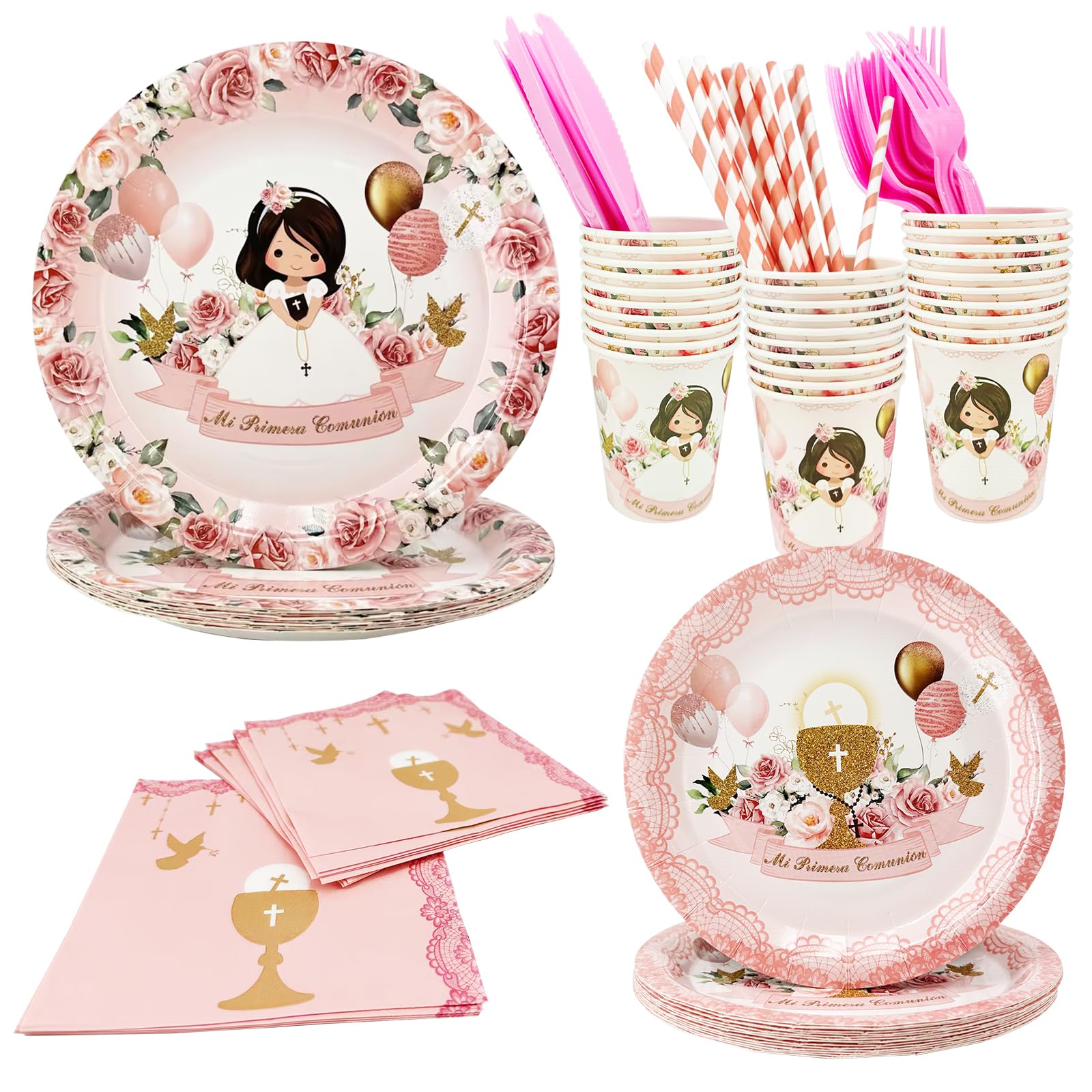 112 Pcs Pink Baptism Plates & Napkins Set - First Communion Party Supplies for Girls, Christening Tableware, Confirmation Decor - Perfect for Mi Primera Comunion, Mi Bautizo Celebrations - Ideal for Church Events, Baby Showers & Religious Ceremonies