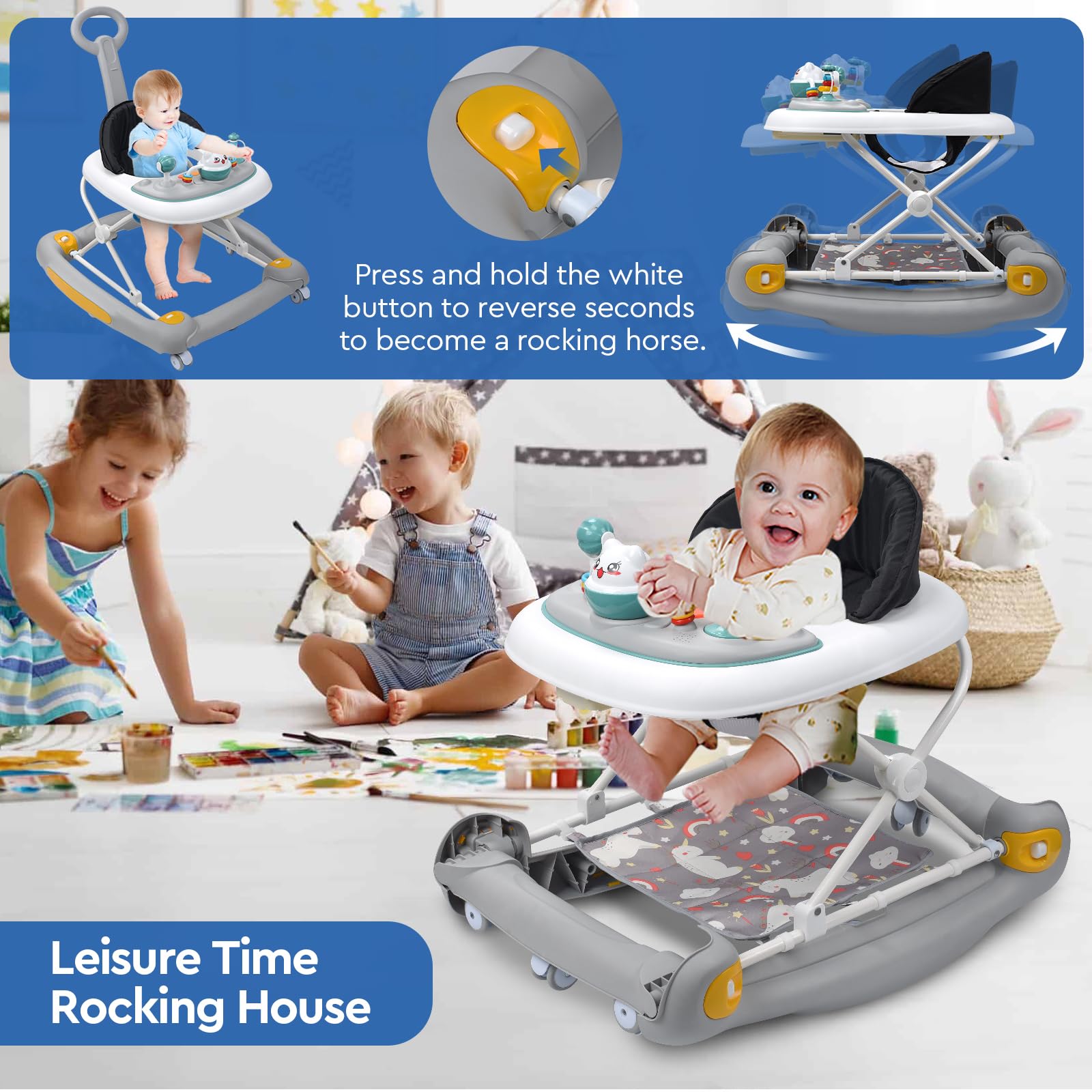 4 in 1 Baby Walker with Wheels - Adjustable Height, Music, Lights & Rocker Mode | Activity Walker & Bouncer Combo for Boys & Girls 6-24 Months | Perfect for Learning to Walk, Playtime & Indoor Entertainment