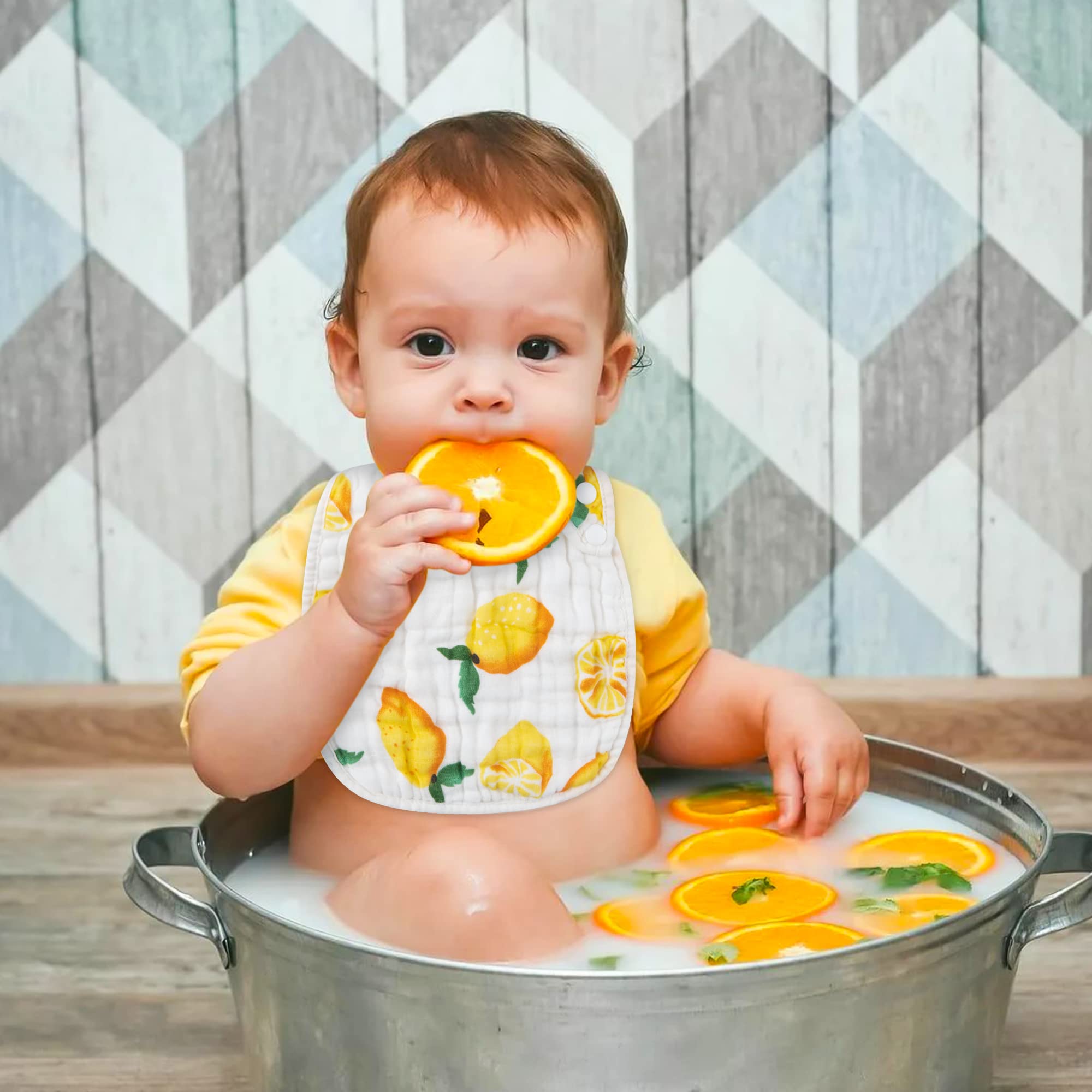 Zainpe 6Pcs Snap Muslin Cotton Baby Bibs - Soft & Absorbent Drool Bibs with Adjustable Snap Closure for Newborns & Toddlers - Lemon, Flamingo, Leaf & Pineapple Patterns - Machine Washable for Easy Care - Perfect for Feeding, Teething & Everyday Use