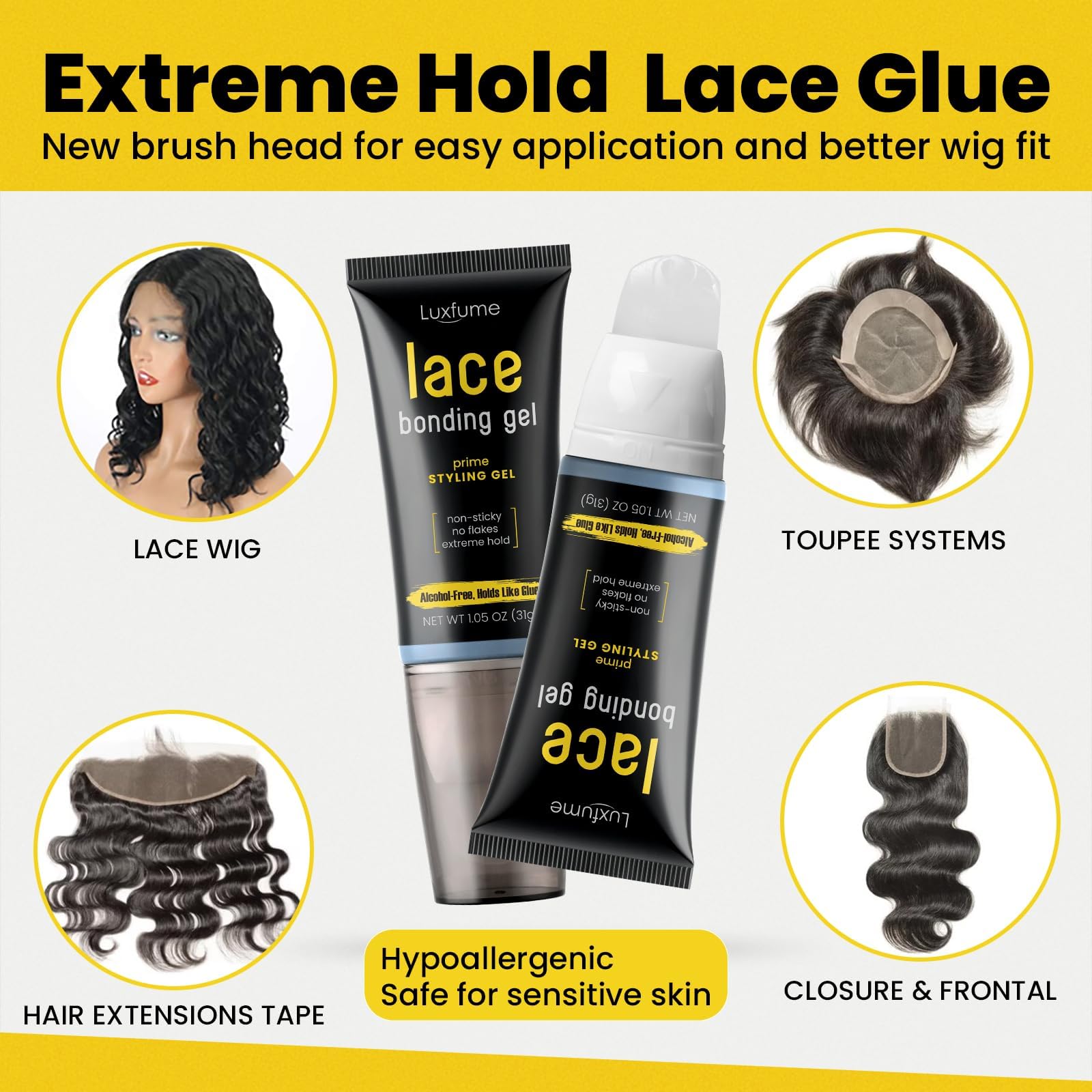 Lace Bonding Gel for Wigs - Invisible & Skin-Friendly Wig Glue with Brush Head Design | Strong Hold Lace Adhesive for Front Wigs & Hairpieces | Daily Use for Women & Men | Perfect for Cosplay, Daily Styling & Special Occasions