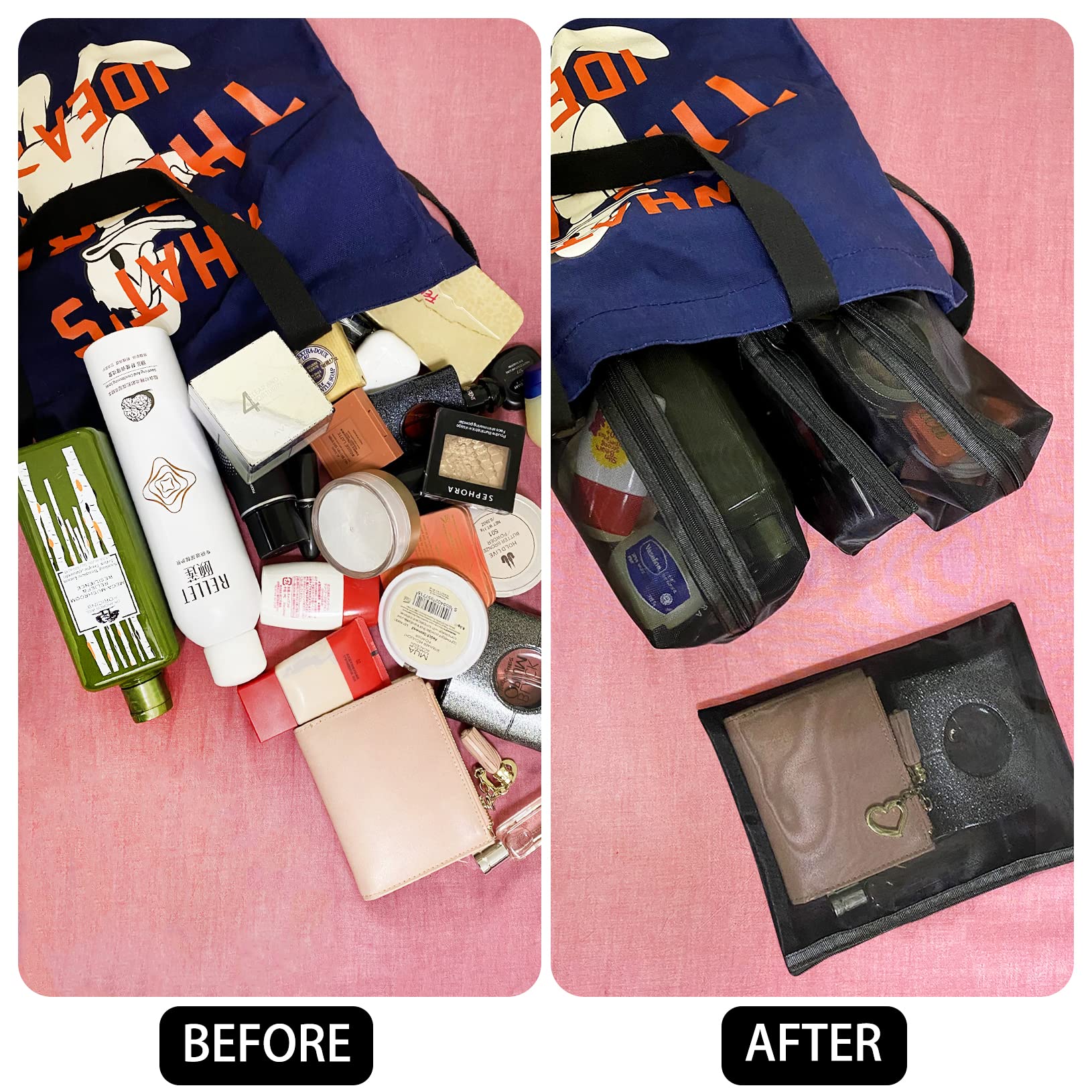 6-Pack Mesh Makeup Bags with Zipper - Travel Toiletry & Cosmetic Organizer for Home, Office & Trips