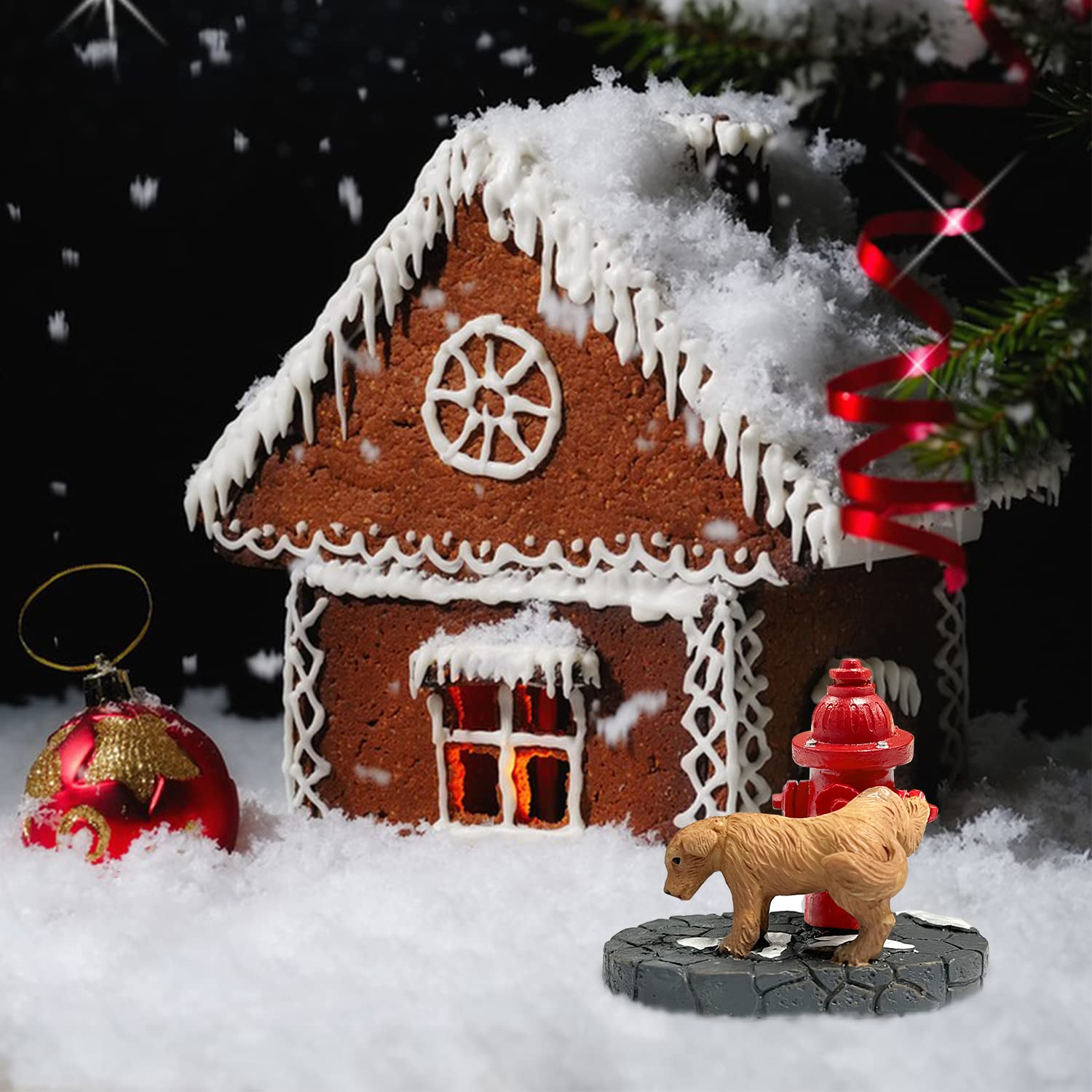 Santa's Dog with Fire Hydrant Resin Statue - Cute Christmas Village Accessories Set for Holiday Snow Village Decor | Perfect for Christmas Tree Ornaments, Mantel Displays & Winter Wonderland Scenes