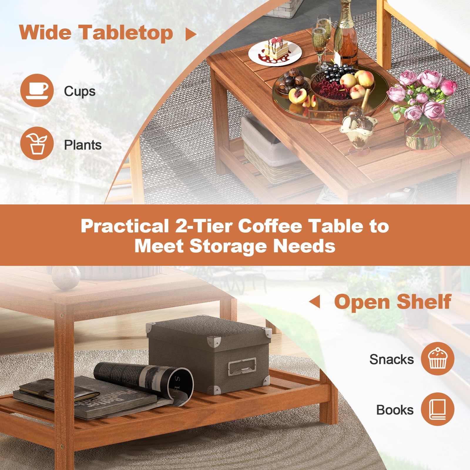 Giantex Hardwood Patio Coffee Table - 2-Tier Wooden Coffee Table with Slatted Tabletop & Storage Shelf, Outdoor Rectangular Center Table for Backyard, Garden, Poolside, Balcony & Indoor, Walnut - Perfect for Outdoor Gatherings, BBQ Parties, and Relaxing by the Pool
