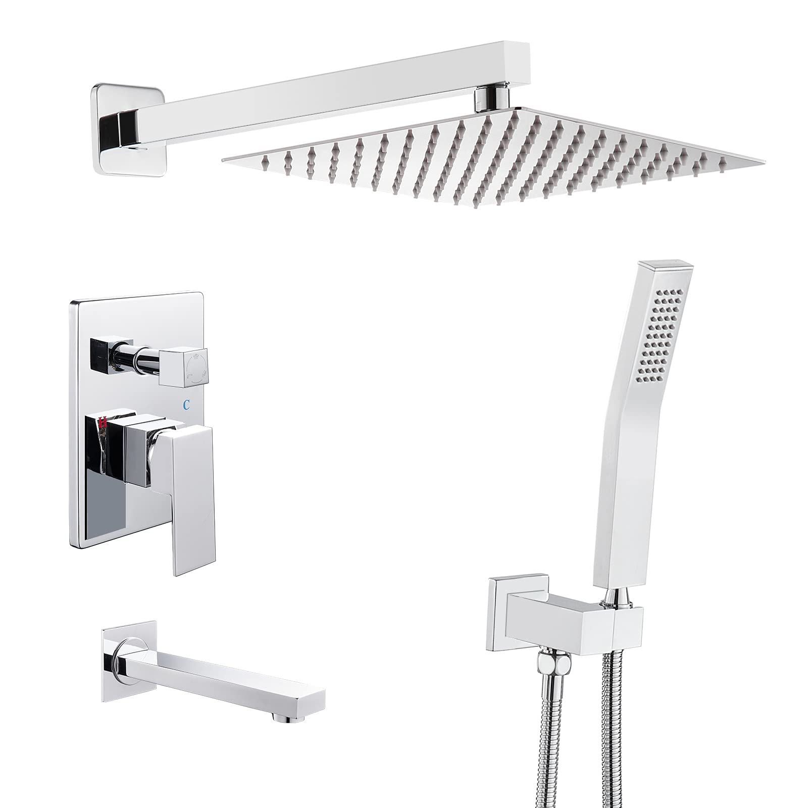 ROVOGO All Metal Bathtub Shower Faucet Set - 10 Inch Square Rain Shower Head with Handheld Sprayer, Tub Spout & Valve Trim Kit in Chrome Finish | Perfect for Bathroom Renovation & Luxury Spa Experience