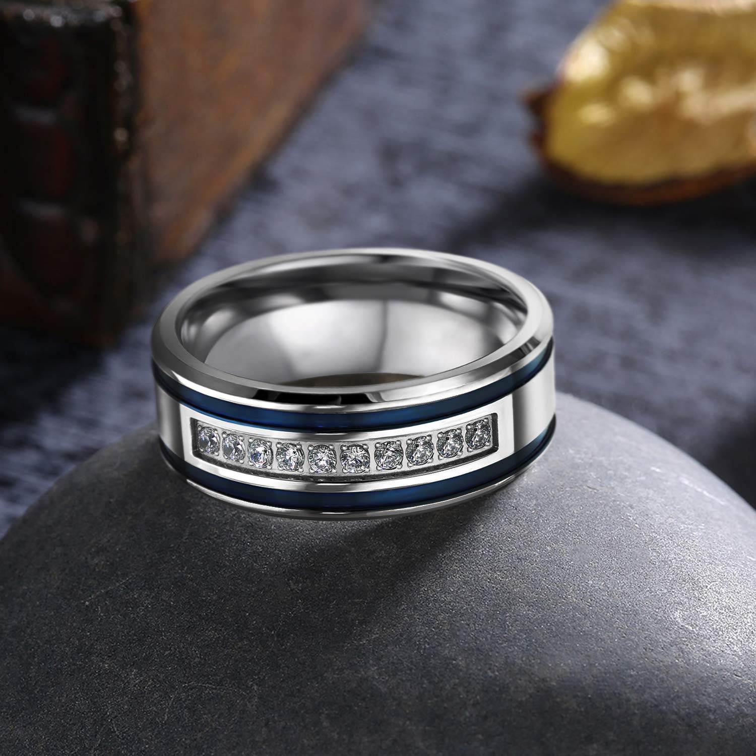 Stainless Steel Men's Wedding Band with CZ & Blue Stripes - 8mm Comfort Fit Engagement Ring for Him - Durable & Stylish Wedding Jewelry for Everyday Wear & Special Occasions
