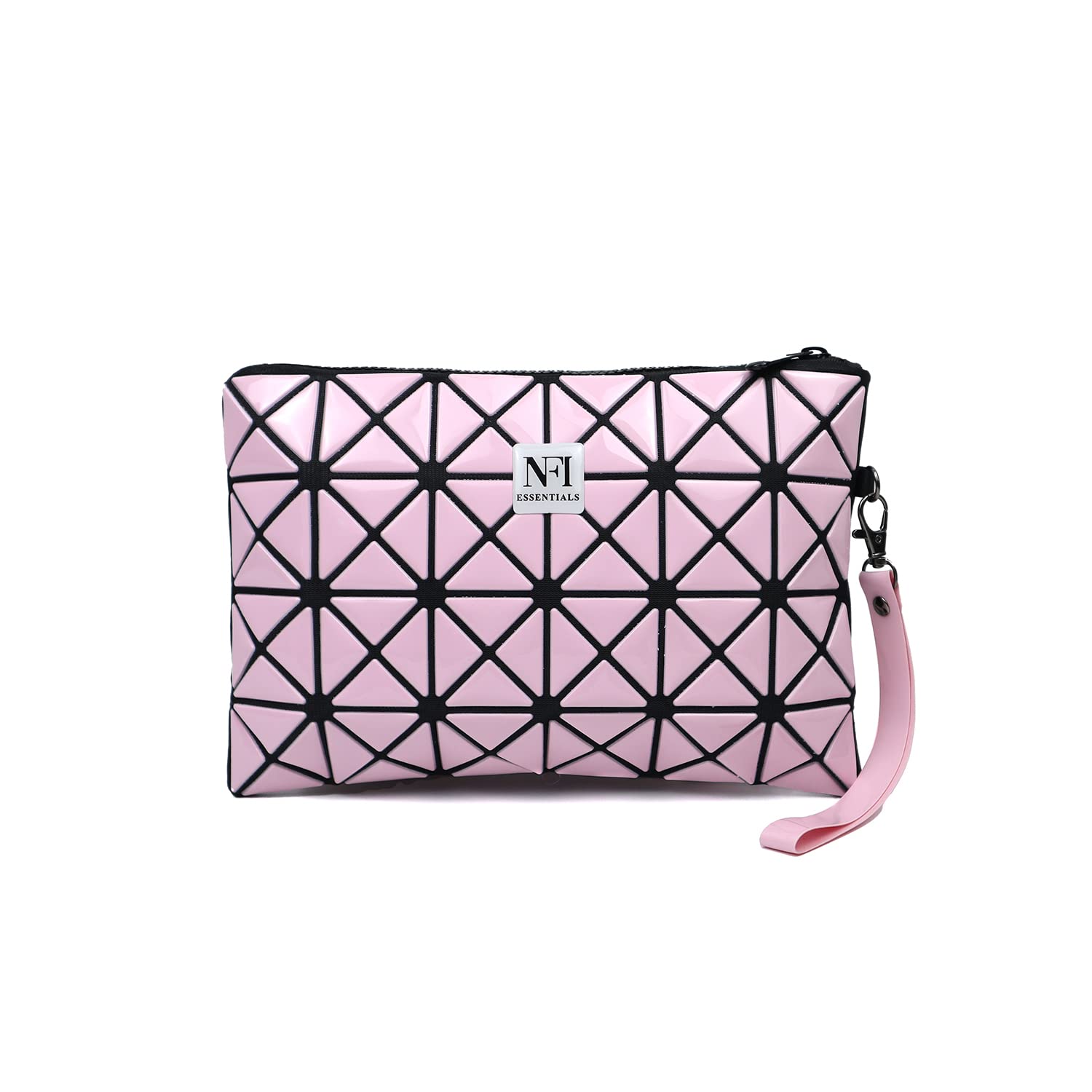 NFI Essentials Geometric Design Makeup Pouch for Women - Stylish Travel Cosmetic Bag Organizer (17cm) - Perfect for Makeup Brushes, Lipsticks & Beauty Accessories - Ideal Gift for Girls & Teens - Pink & Black Pattern