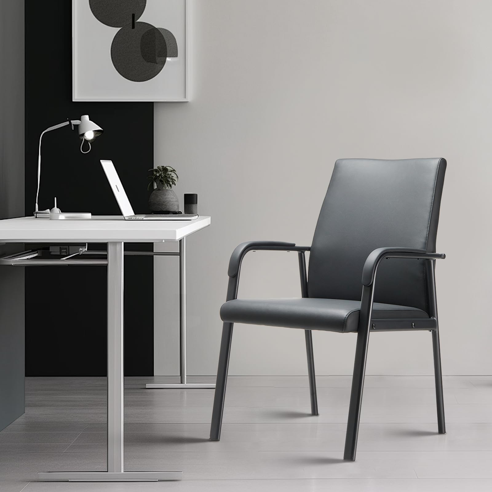 Premium Black Leather Office Guest Reception Chair - 600 lbs Capacity, Padded Armrests, No Wheels - Perfect for Conference Rooms, Waiting Areas & Executive Desks