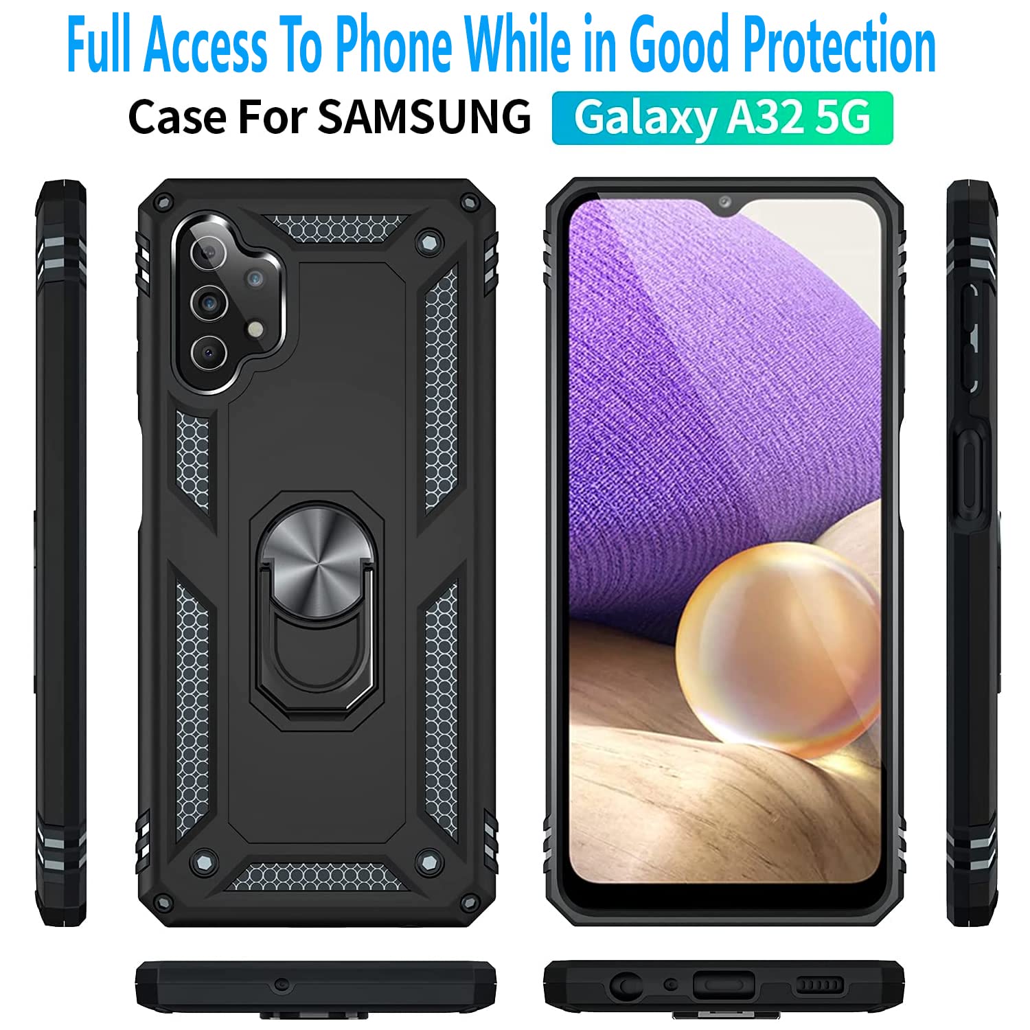 STARSHOP Samsung Galaxy A32 5G Case with Tempered Glass Screen Protector - Military Grade Shockproof Protective Cover with Kickstand - Black | Perfect for Outdoor Activities, Travel & Daily Protection