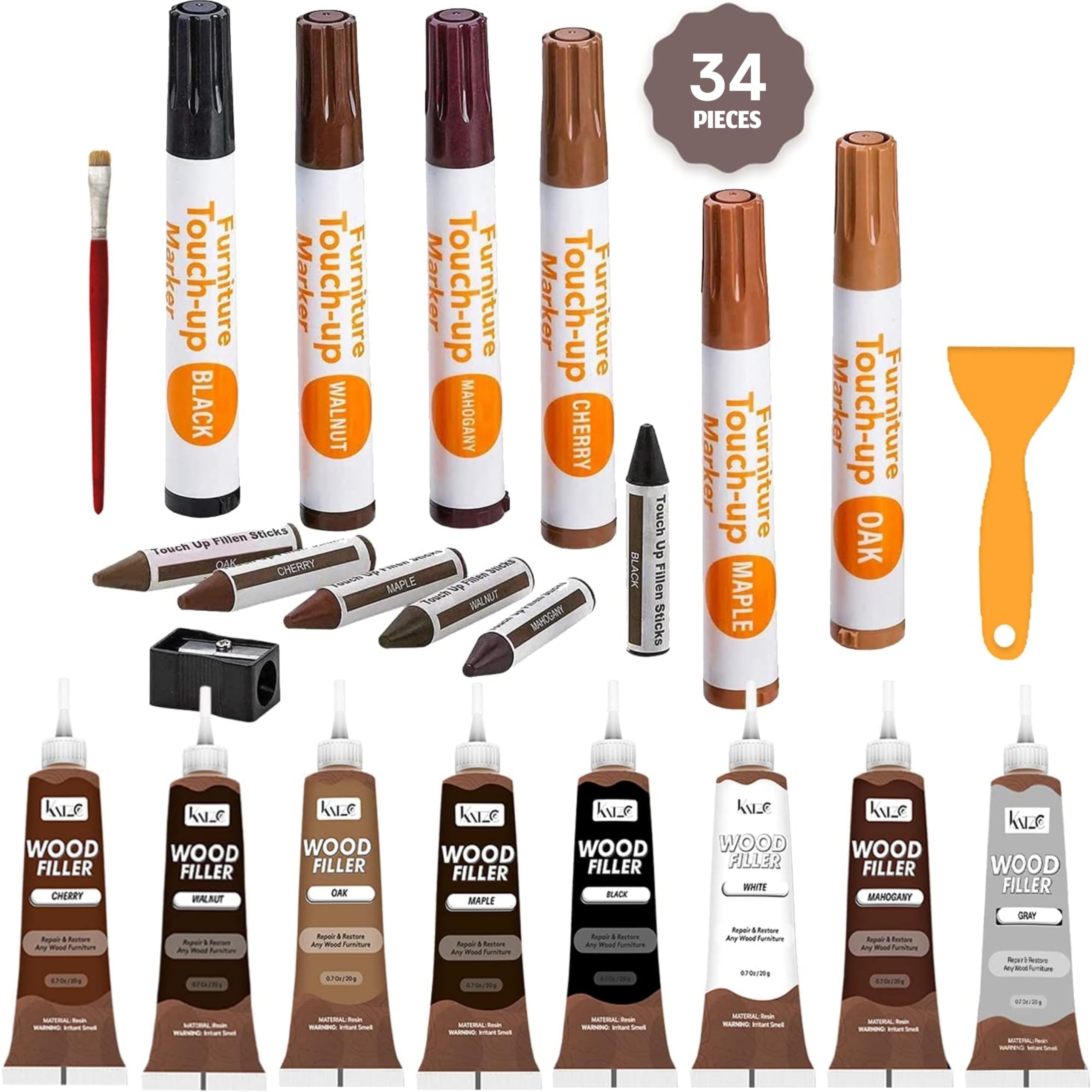 Katzco 34-Piece Wood Furniture Repair Kit - Stain & Scratch Markers with Wax Sticks & Sharpener - Perfect for Floors, Tables, Desks, Bedposts - DIY Touch-Up & Cover-Up Solution for Carpenters & Homeowners