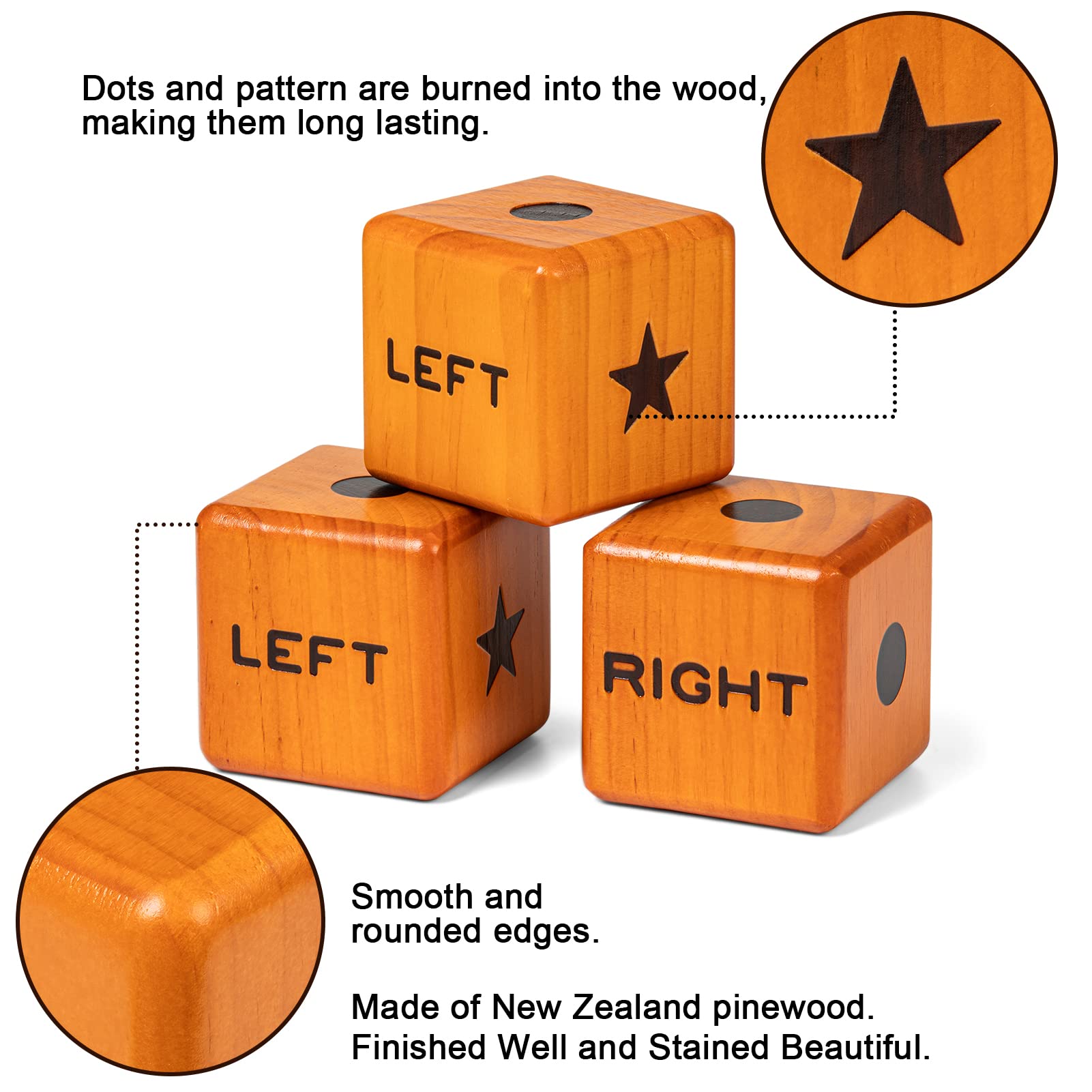 Giant Right Center Left Dice Game Set with 24 Large Chips & Carry Bag - 3.5 Inch Wooden Outdoor Lawn Dice for Family Game Night, Parties, Camping and Backyard Fun