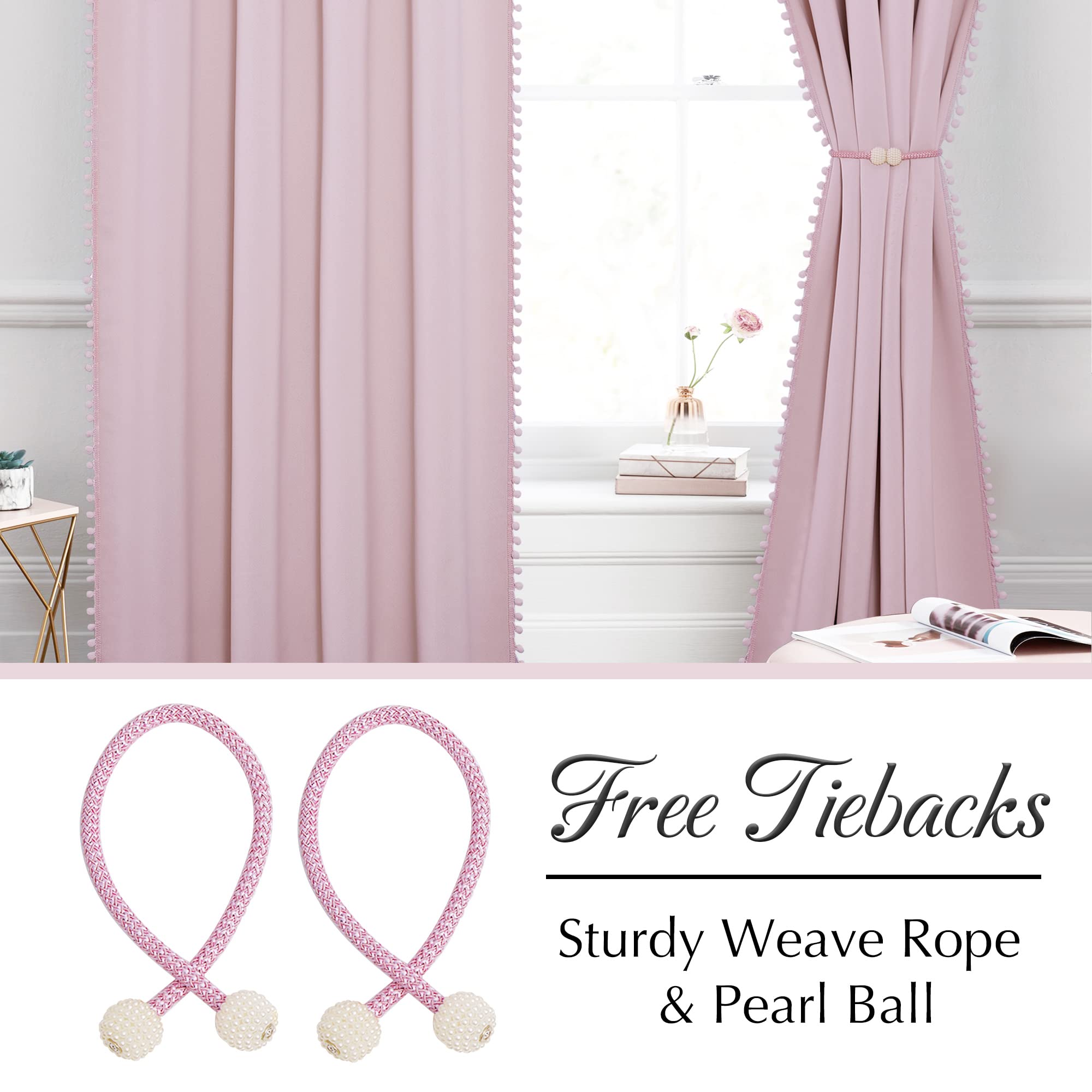 Pink Blackout Curtains for Girls Room - Thermal Insulated Pompom Room Darkening Drapes for Nursery & Baby Rooms | Cute Short Curtains for Kitchen & Small Windows (52
