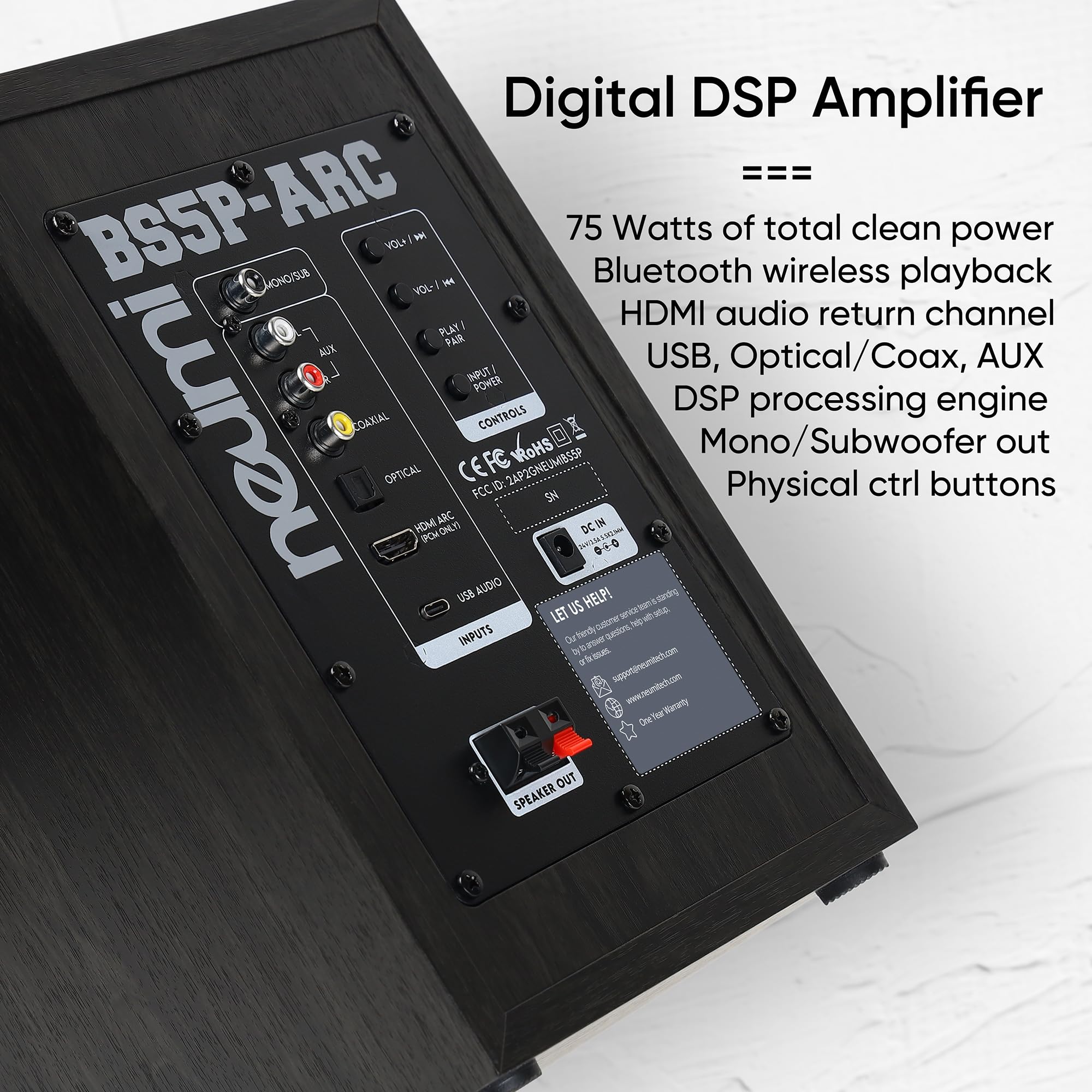 NEUMI BS5P-ARC 75W Powered Bookshelf Speakers - Bluetooth, HDMI, USB, Optical & Coaxial Inputs with Remote - 5
