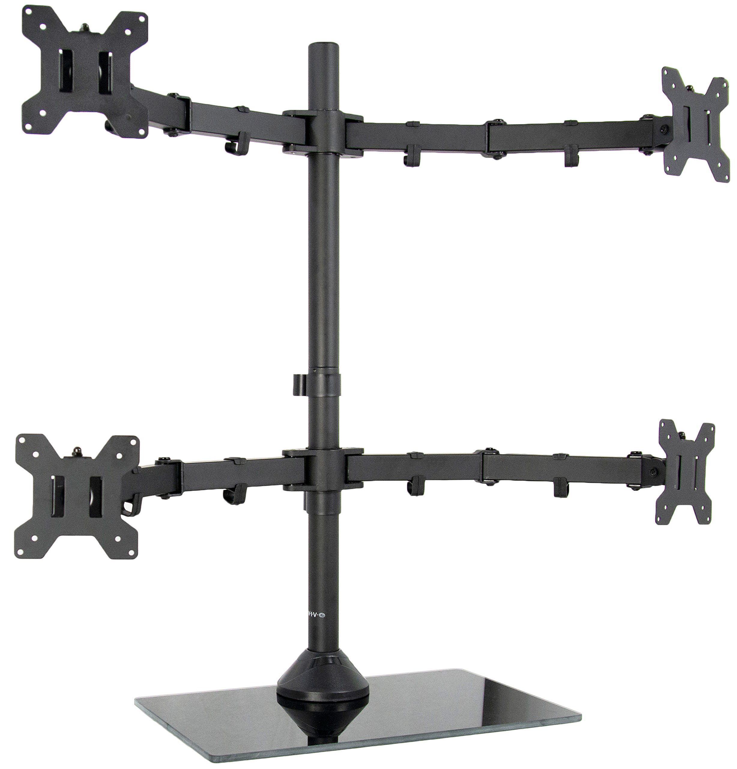 VIVO Black Adjustable Quad Monitor Stand for Desk - Heavy Duty Free Standing Glass Base Holds 4 Screens up to 27 inches (STAND-V004FG) - Perfect for Gaming, Office Work & Multi-Tasking Setup