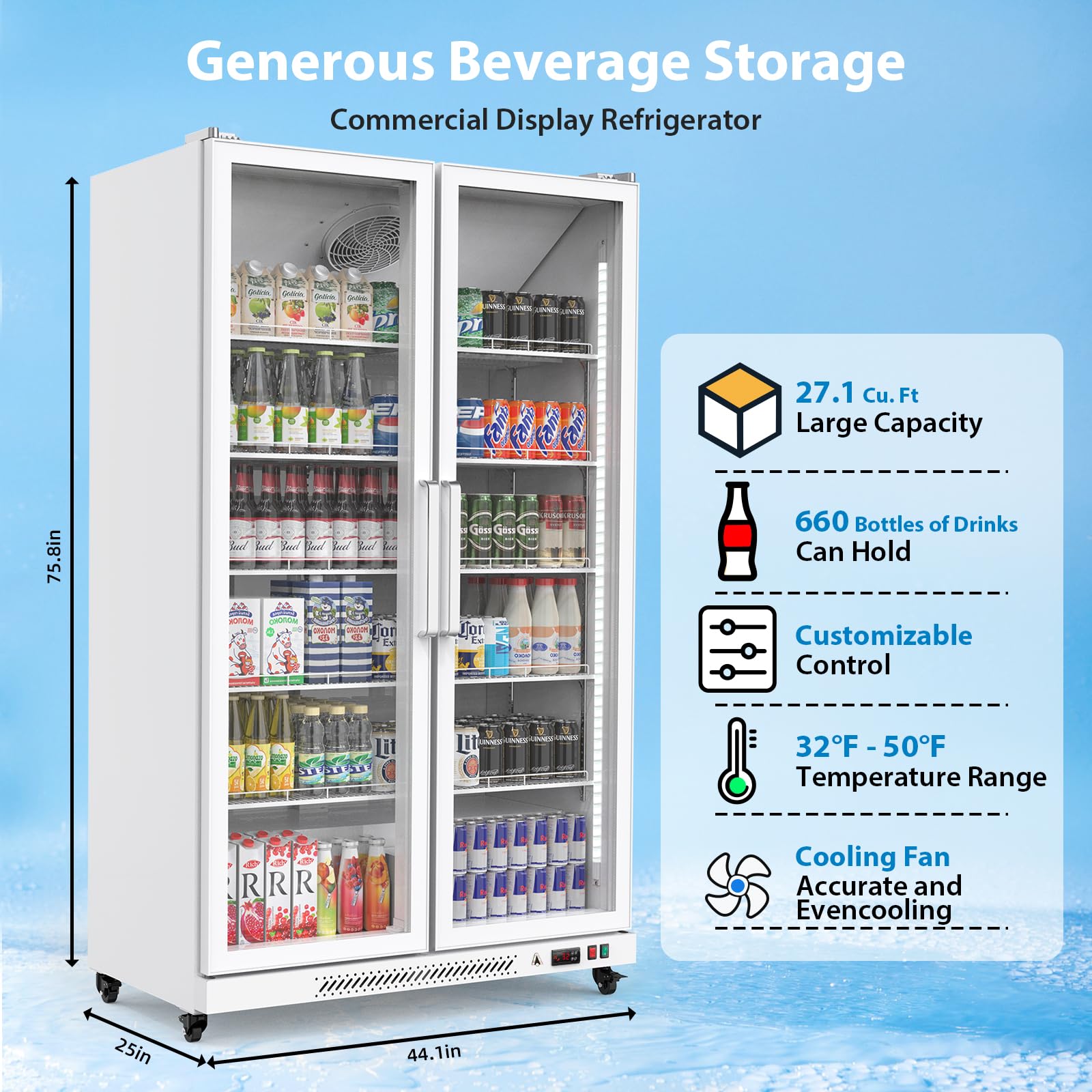 GARVEE 27.1 Cu.Ft Commercial Beverage Refrigerator & Merchandiser - Energy Efficient ETL Certified, Dual Layer Glass Door, 10 Adjustable Shelves - Perfect for Restaurants, Grocery Stores, Home Use (White) - Keep Drinks Chilled & Displayed for Business or Party Events