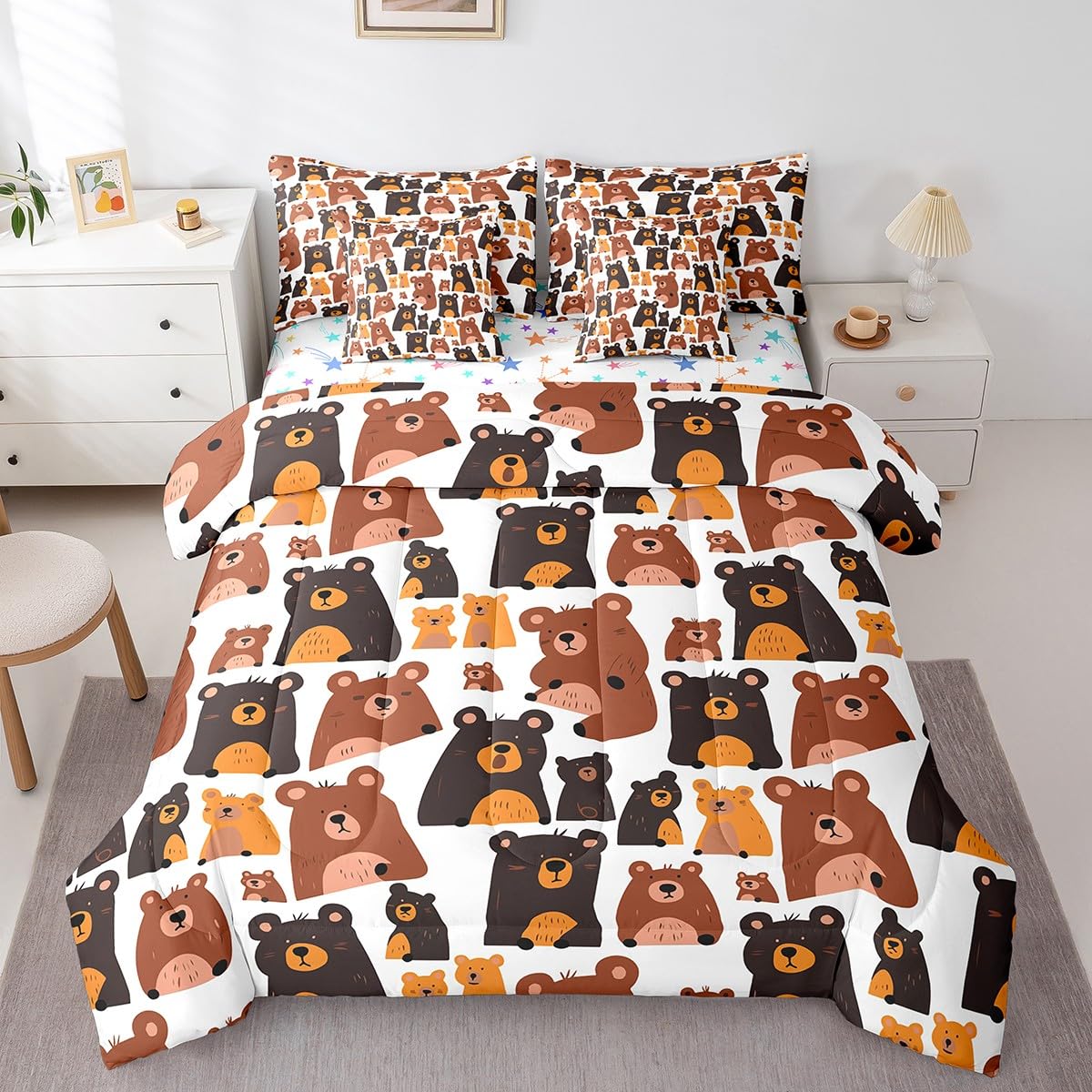 Feelyou Toddler Bear Bed in a Bag - 7-Piece Wild Animals Comforter Set with Sheets for Boys & Girls | Cute Cartoon Kawaii Nursery Decor | Perfect for Kids' Bedrooms, Daycare, or Gift