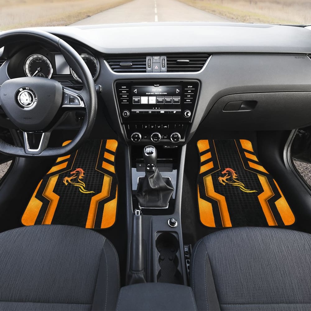 Premium Black & Orange Mustang Horse Metallic Printed Car Floor Mats - Durable, Non-Slip Auto Accessories for Ford Mustang & Sports Cars | Perfect for Road Trips & Car Shows