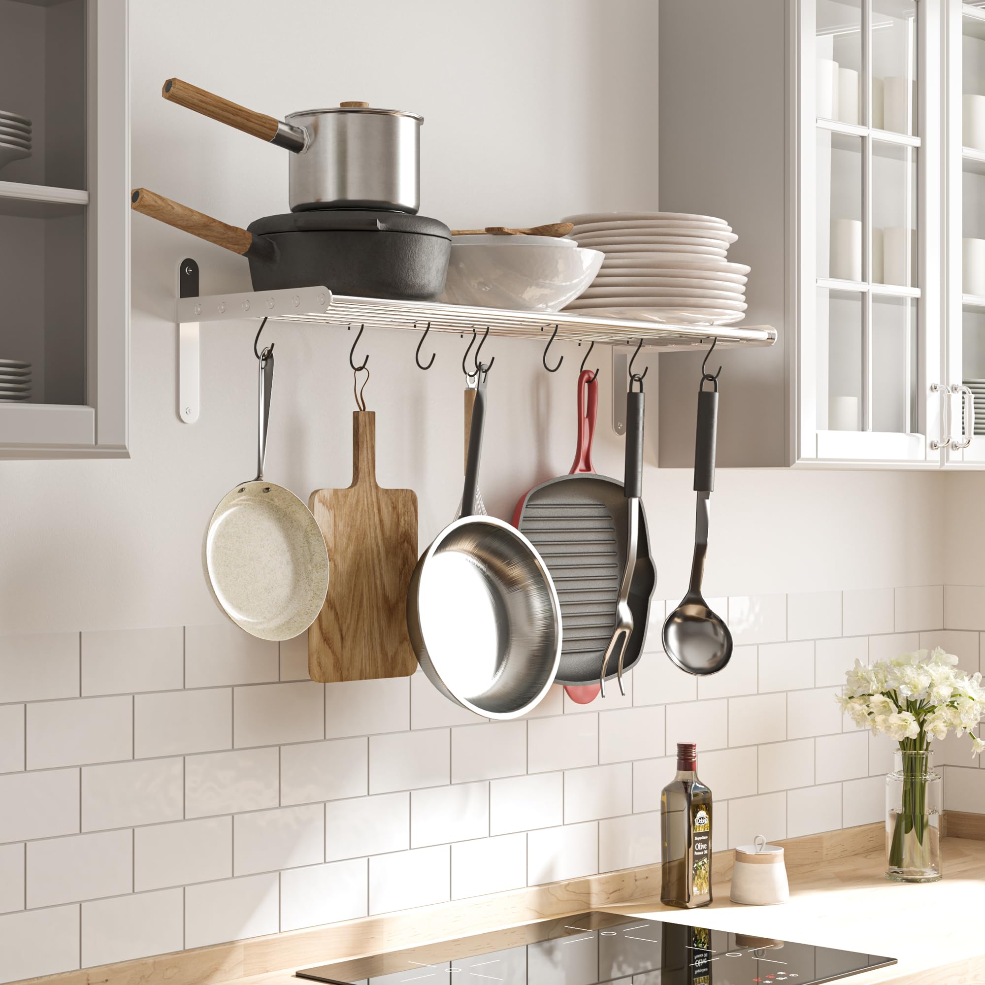 Wallniture Lyon Stainless Steel Wall Mounted Kitchen Shelf with 10 S-Hooks - Pot Rack Organizer for Cookware Storage - Space Saving Solution for Small Kitchens & Pantries (Chrome Finish) - Perfect for Hanging Pots, Pans, Utensils & Kitchen Accessories