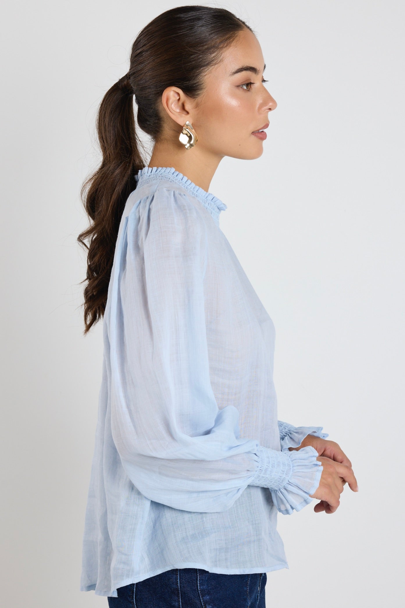 Embrace Ice Blue Ramie Shirred Neck Long Sleeve Top for Women - Boho Chic Blouse for Casual Wear & Summer Outfits