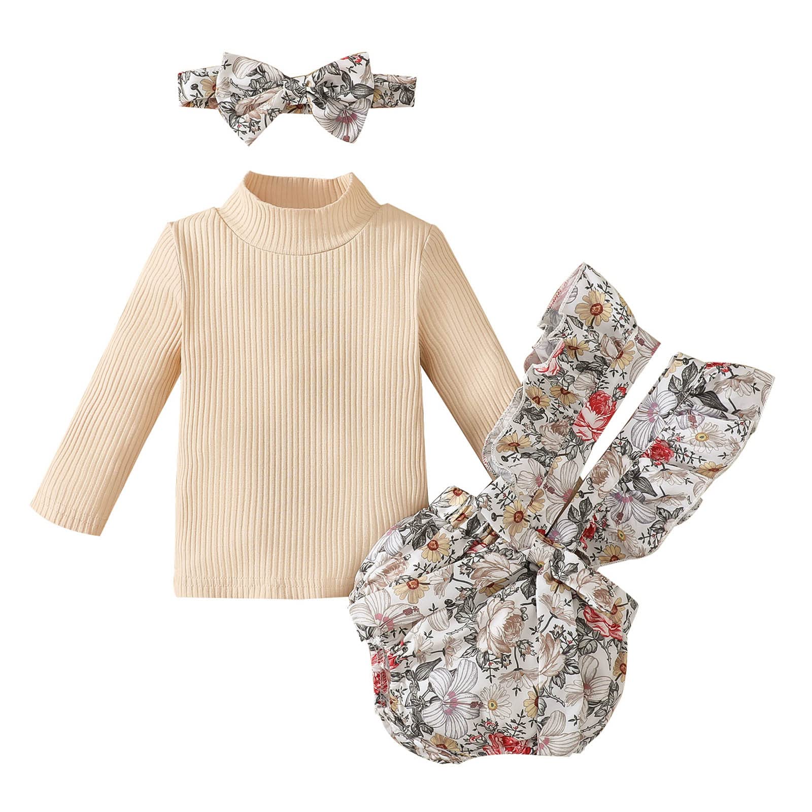 Girls Casual Outfit Set - Ribbed Long Sleeve T-Shirt with Floral Print, Suspenders Shorts & Headband | Infant Toddler Spring Summer Clothes for Playdates, Birthday Parties & Photo Shoots