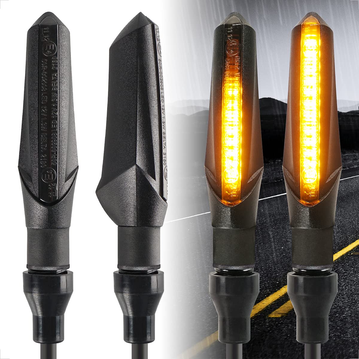 EverMotor Universal Mini LED Motorcycle Turn Signal Lights - 4-Piece E-MARK Certified Flowing Indicators with Running Lights, Waterproof IP67 - Perfect for Harley, Honda, Yamaha & Cruiser Bikes - Day & Night Riding Safety