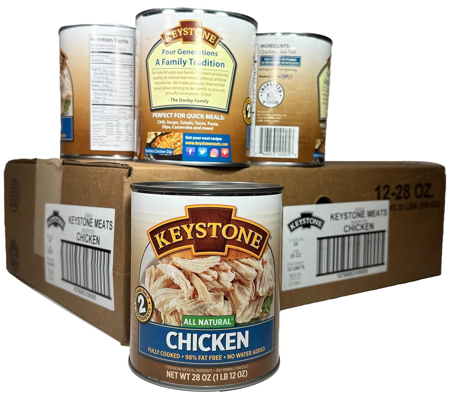Keystone Meats All Natural Canned Chicken 28oz - Fully Cooked, High Protein, Shelf Stable Emergency Food - Ready to Eat, No Water Needed, No Preservatives, Gluten Free - Made in USA (Pack of 12) - Perfect for Camping, Emergency Preparedness & Quick Meals