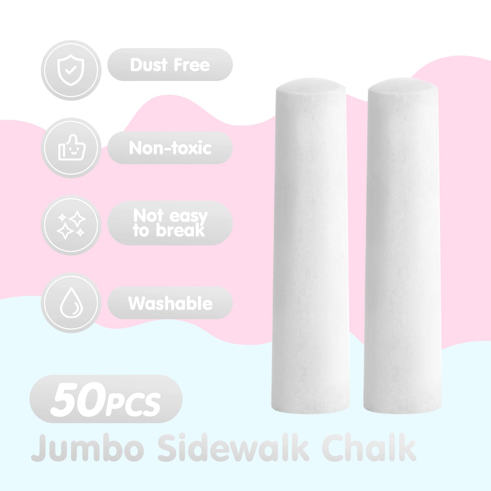 50 Pack White Washable Non-Toxic Jumbo Sidewalk Chalk for Kids - Outdoor Art Play, Chalkboard & Blackboard Drawing, Playground Fun - Safe for Children's Creative Activities