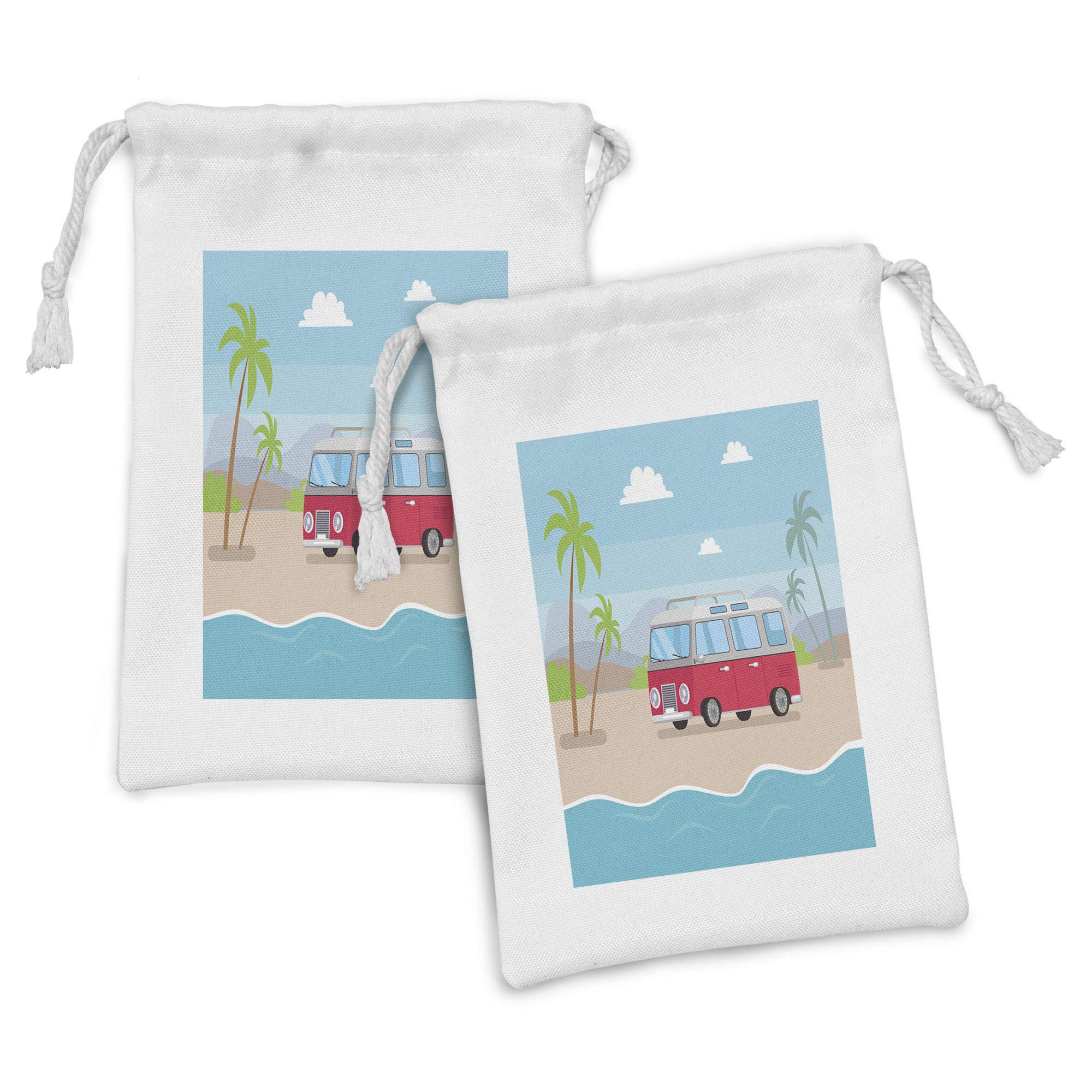 Ambesonne 2-Pack Beach Fabric Pouches - Cartoon Camper Van & Palm Trees Design, 9