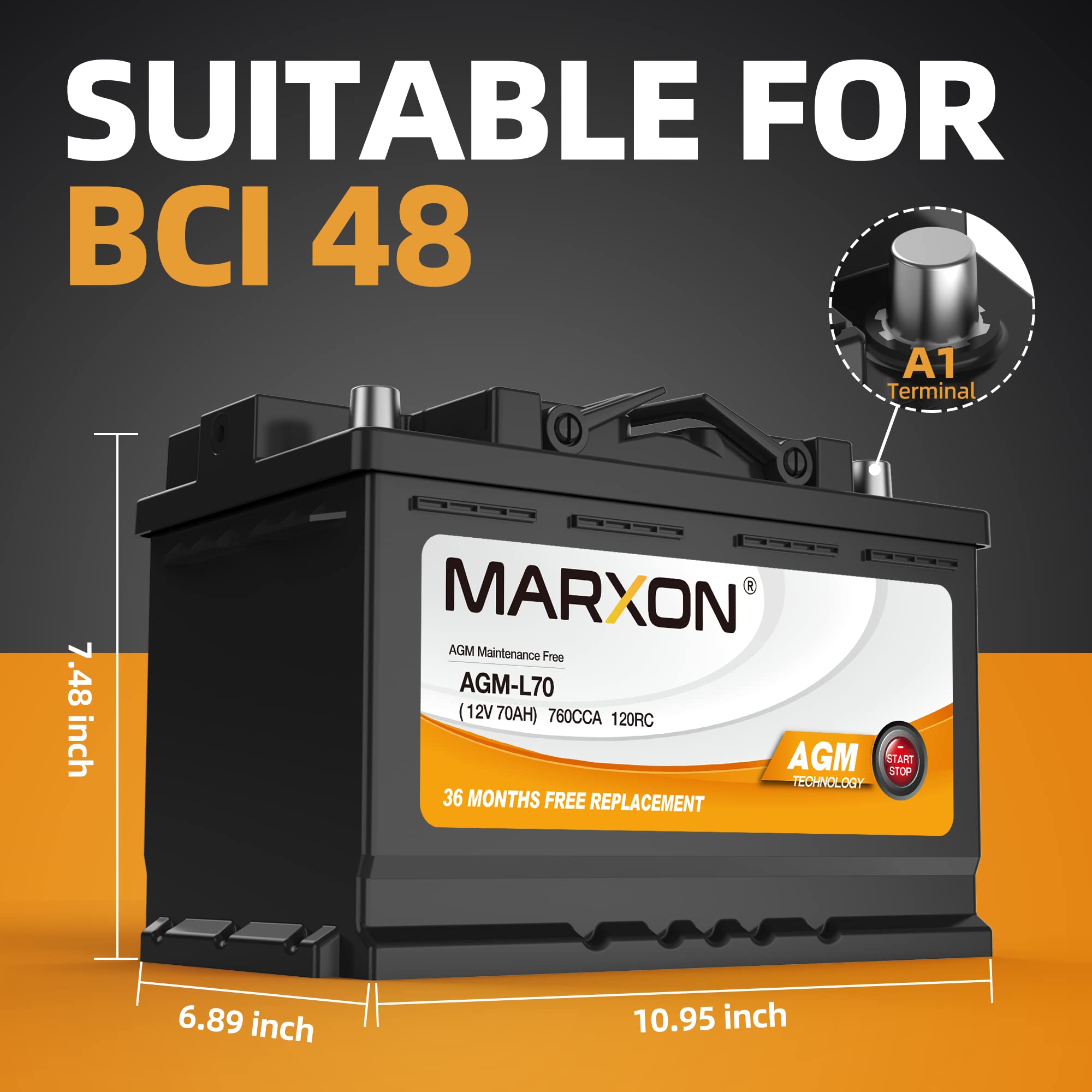 MARXON Group 48 H6 L3 AGM Car Battery 12V 70AH 760CCA - Maintenance Free Automotive Replacement Battery for Start-Stop Vehicles | Perfect for Sedans, SUVs, and Trucks