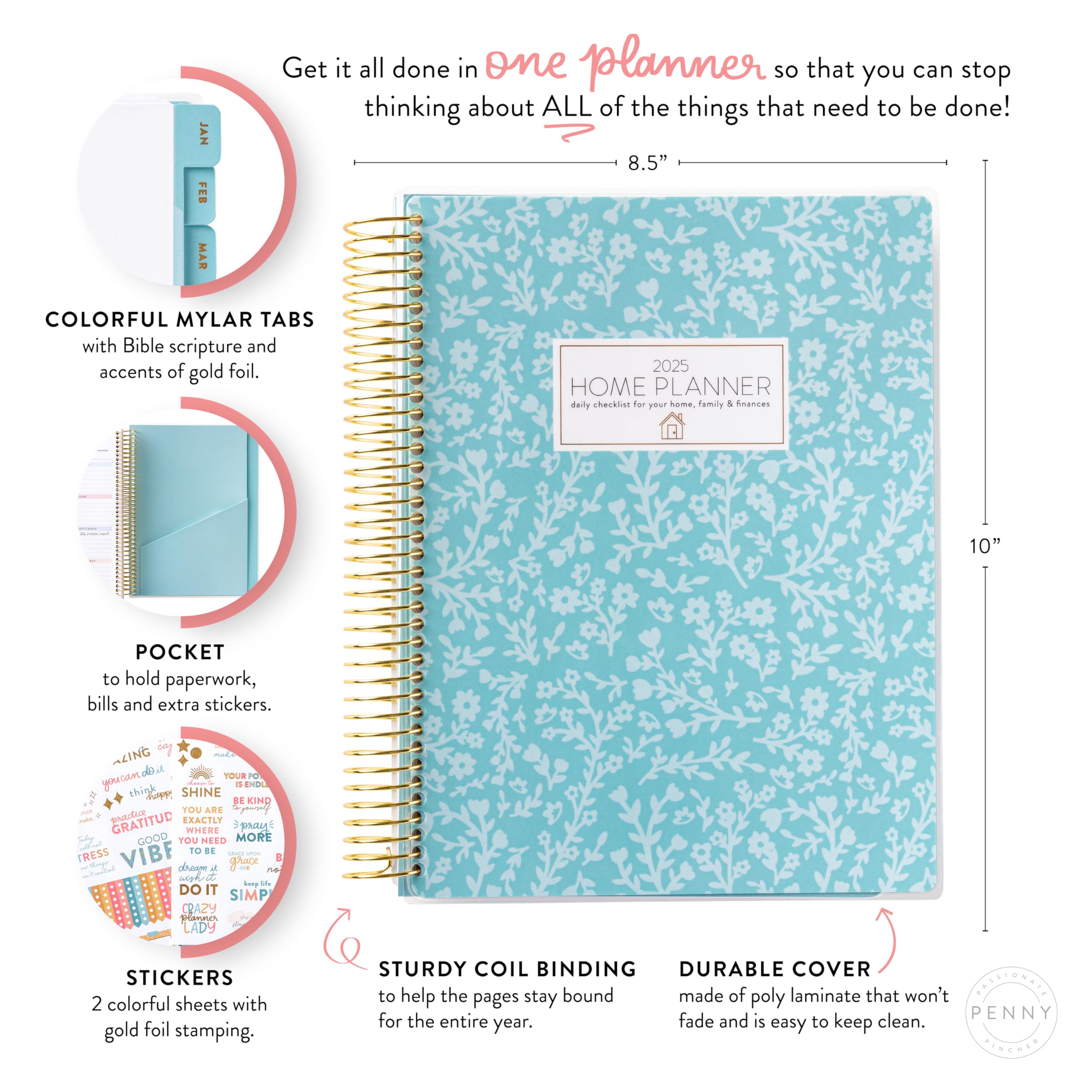 2025 Floral Home Planner with Stickers - Daily Checklist, Monthly Budget Worksheet & Calendar Layout - Vacation Planner for Work from Home - Coil Bound with Durable Poly Cover - Perfect for Remote Work, Family Organization & Travel Planning