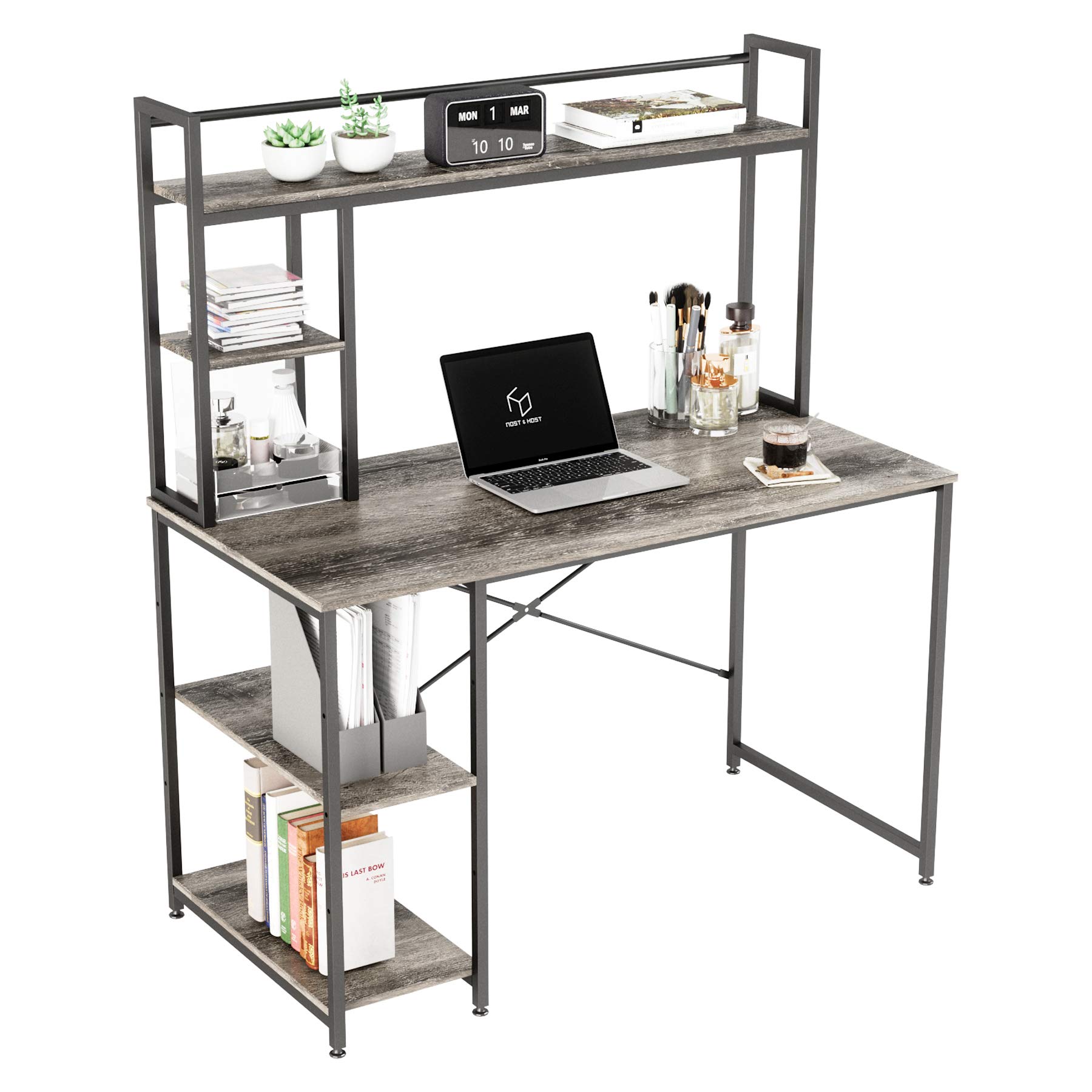Nost & Host Computer Desk with Hutch & Bookshelf - 47.2 Inch Home Office Desk with 2-Tier Adjustable Shelves | Sturdy Writing & Gaming Desk | Easy Assembly in Gray | Perfect for Small Spaces, Work from Home & Online Classes