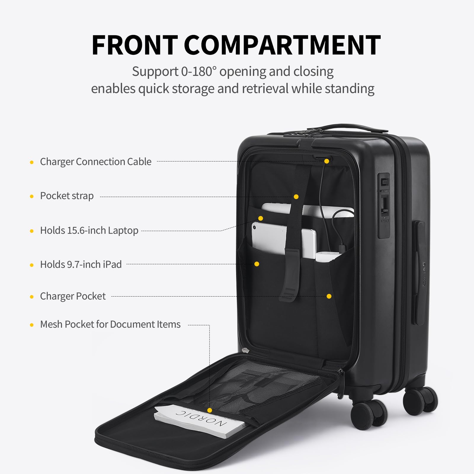 OIWAS 20 Inch Carry On Luggage - Airline Approved Hardshell Suitcase with Front Pocket, Phone Holder & Cup Holder | TSA Lock, USB Charging Port & Smooth Brake Wheels | Perfect for Business Travel & Weekend Getaways (Black)