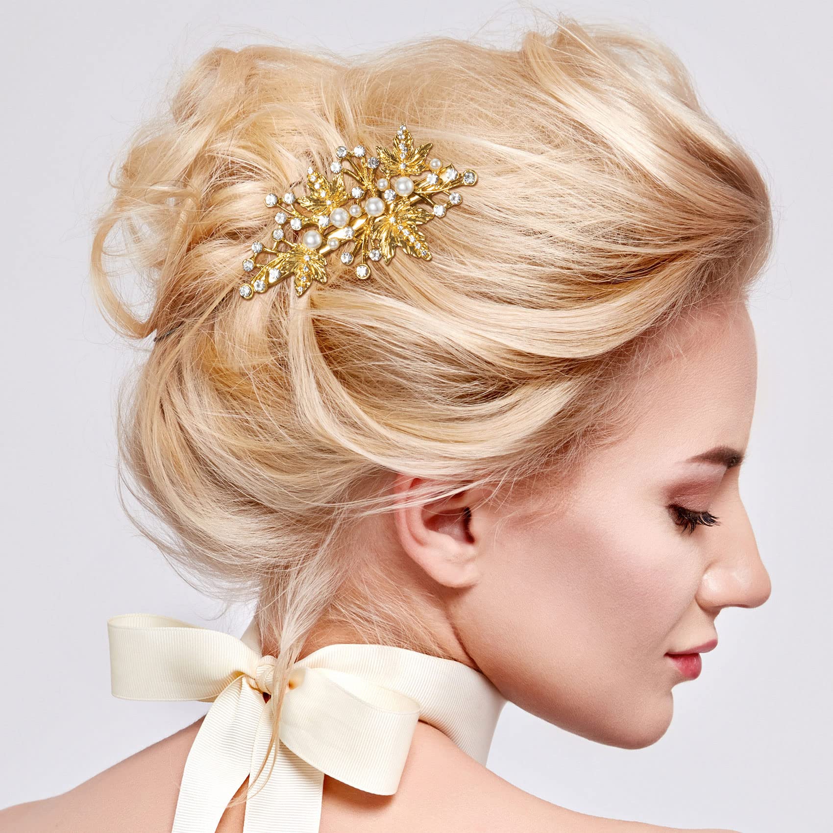 PAGOW 2Pcs Rhinestone Pearl Hair Clips - Gold Leaf Crystal Flower Wedding Headpiece for Brides, Women & Girls | Perfect for Bridal Showers, Weddings, Prom & Special Occasions