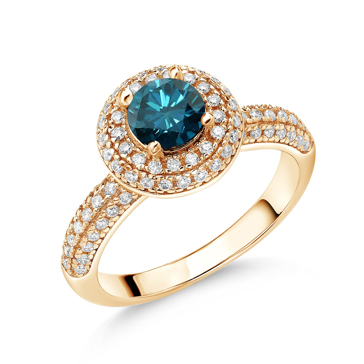 18K Yellow Gold Plated Silver Ring with Round Blue Diamond & Moissanite (1.32 CTTW) - Elegant Jewelry for Engagement, Wedding & Anniversary Gifts | Gem Stone King