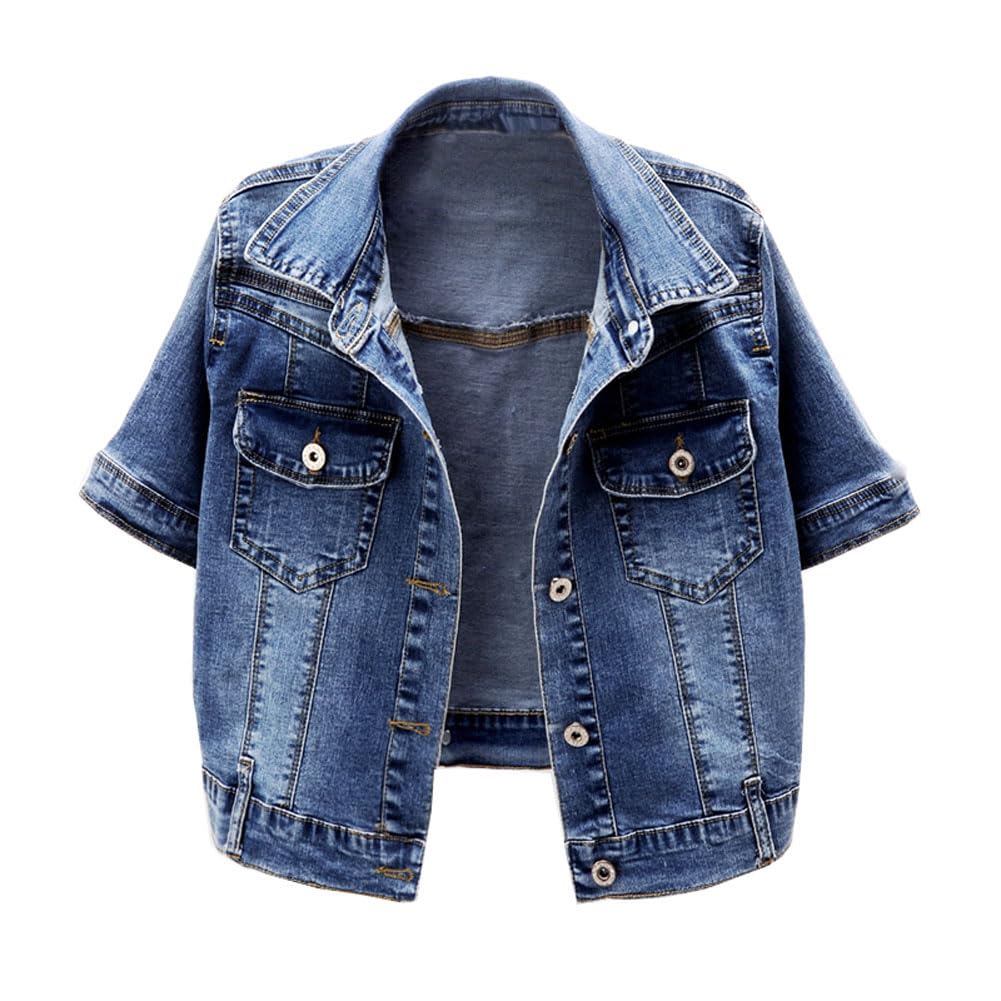 Women's Stretch Denim Jacket - Short Sleeve Button Down Jean Jacket with Shawl Collar | Casual Spring & Summer Outerwear for Street Style & Date Nights